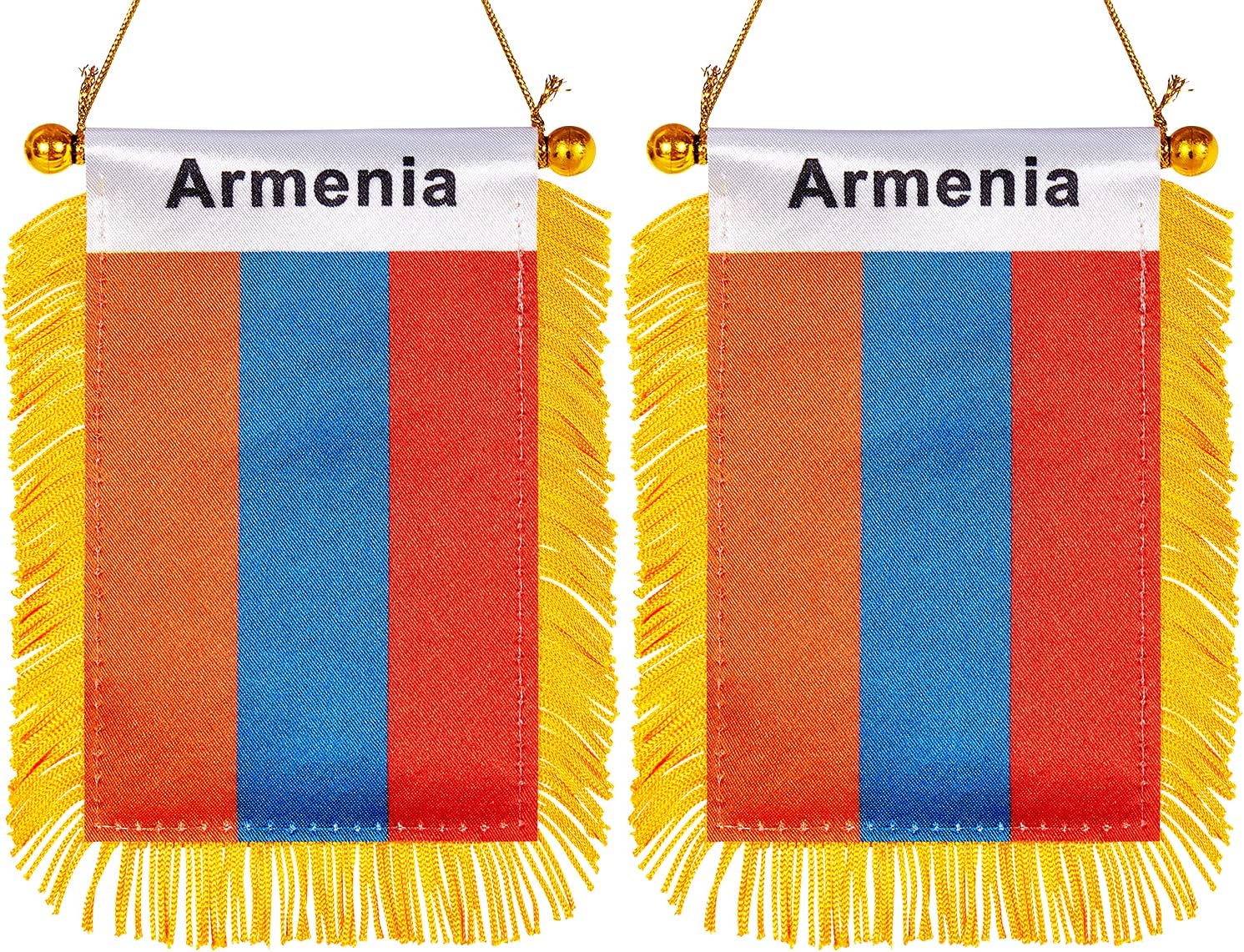 ZXvZYT 3 X 5 Inch Armenia Window Hanging Flag Armenian Small Mini Car Flags Banners Rearview Mirror Decoration - with Suction Cup & Golden Fringy Banner(2 Pack)