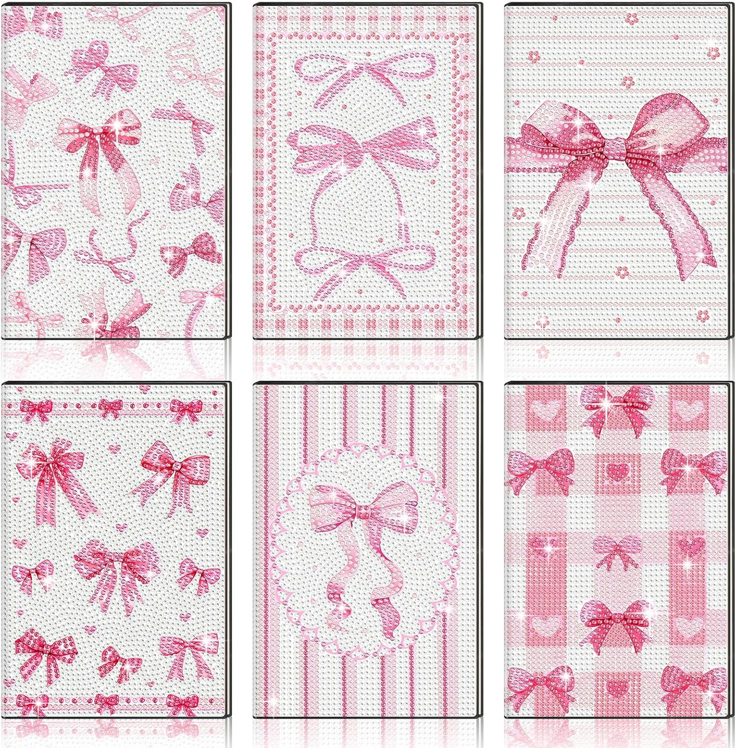AmazingSpark 6 Sets Pink Bow Diamond Art Painting Notebook A5 Pink Bowknot Sketchbook DIY Aesthetics Diamond Painting Art Set Valentines Gifts for Women Beginners with Tools