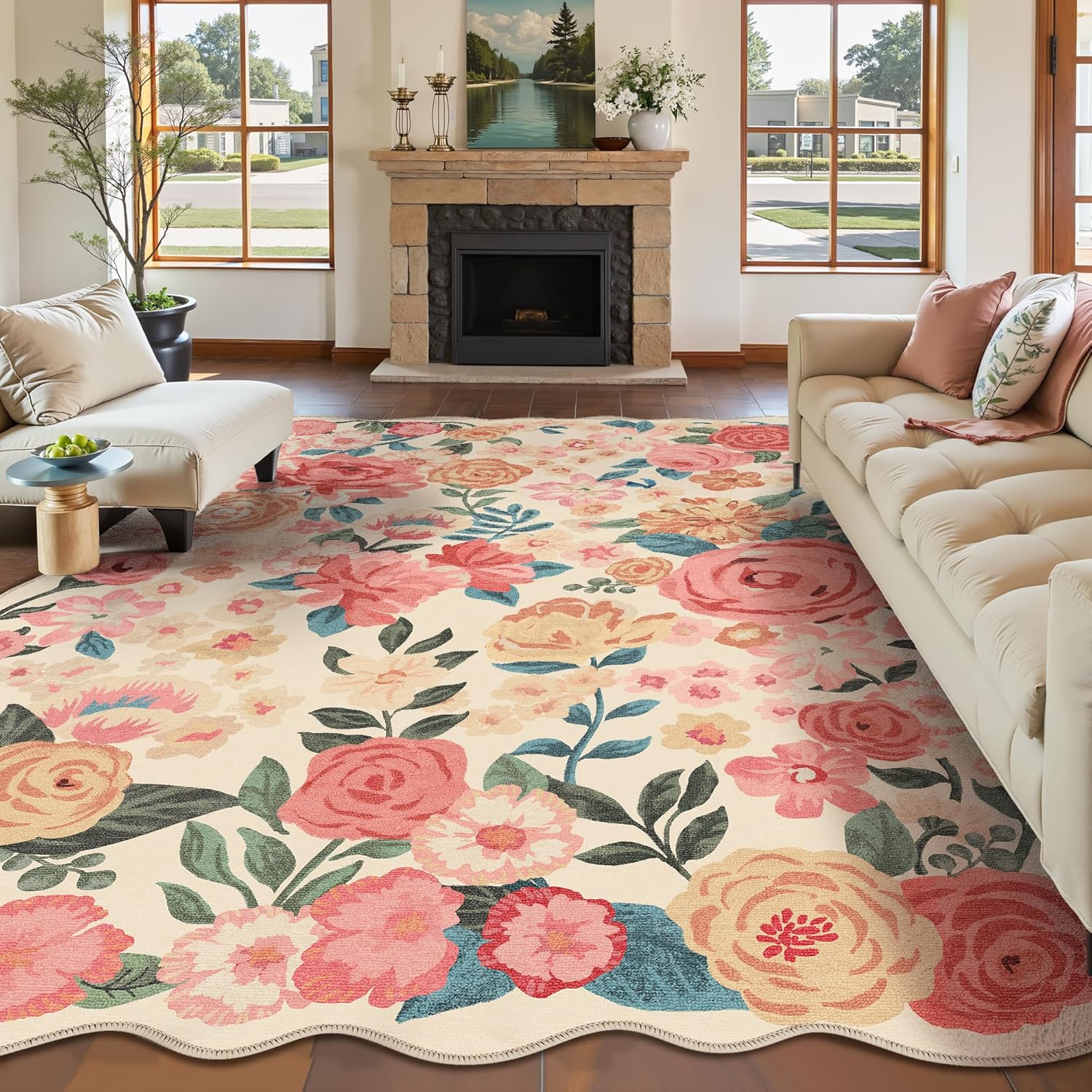 Washable Floral Area Rug 5x7 Beige Living Room Carpet Scalloped Flower Non Slip Soft Bedroom Rug Farmhouse Low Pile Thin Indoor Floor Cover for Office Dining Room Kitchen Bathroom