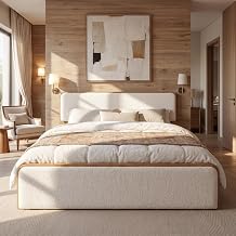 Christopher Knight Home Bette Modern Fabric Upholstered King Size Bed Frame and Headboard & Footboard, Wooden King Bed Frame, Slat Panel Support Platform Bed, No Spring Box Needed, White+Natural