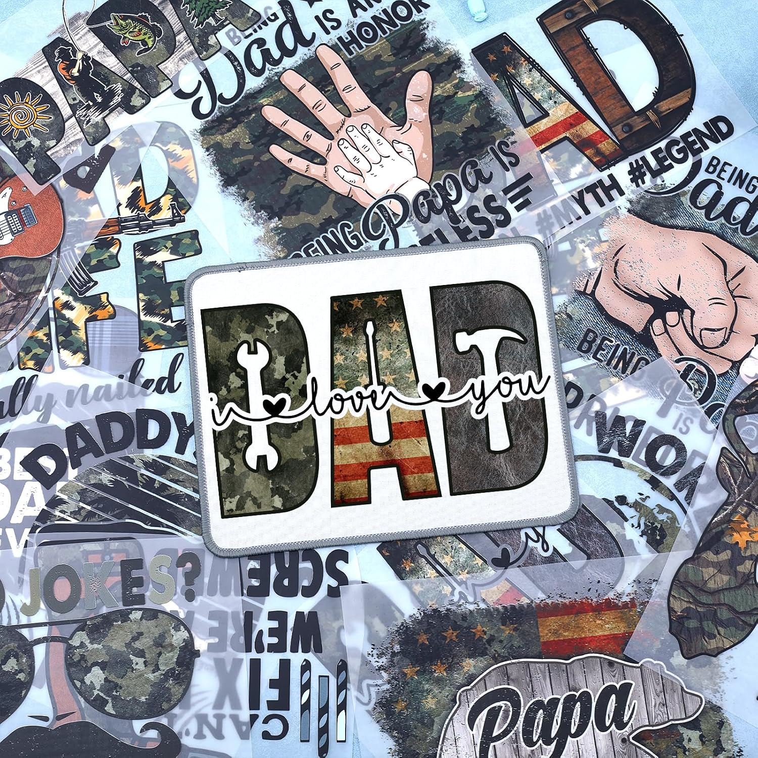 16 Sheets Father's Day Iron on Transfers DTF Transfers Ready to Press Camo Papa Iron on Decals for T-Shirts Retro Camo Dad Heat Transfer Vinyl Iron on Decals for DIY Patches Decals