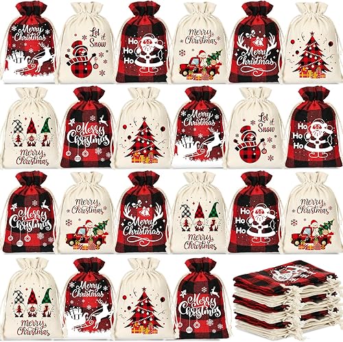 Huhumy 36 Pcs Christmas Burlap Bags with Drawstring Plaid Party Favor Gift Bags Mini Candy Goodies Bag Black and Red Plaid Treat Bags for Christmas