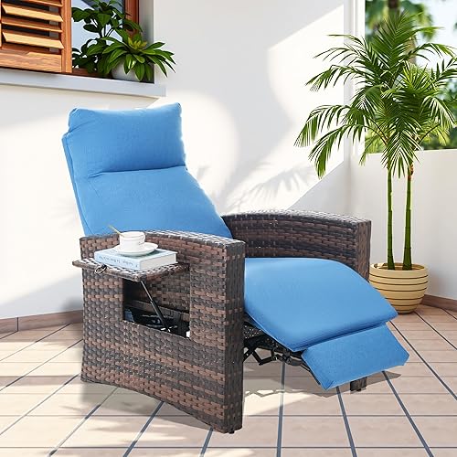 Outdoor Recliner Chair, Wicker Patio Recliners with Adjustable Backrest 92°-145°and Extended Foot Rest, Reclining Pattio Chairs with Flip Table & Removable Cushion Cover for Porch