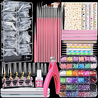 Teenitor Acrylic Press On Nails Kit: 600 Clear Coffin Tips, Brushes, Glitter Sequins, Rhinestones & Stickers for Beginners