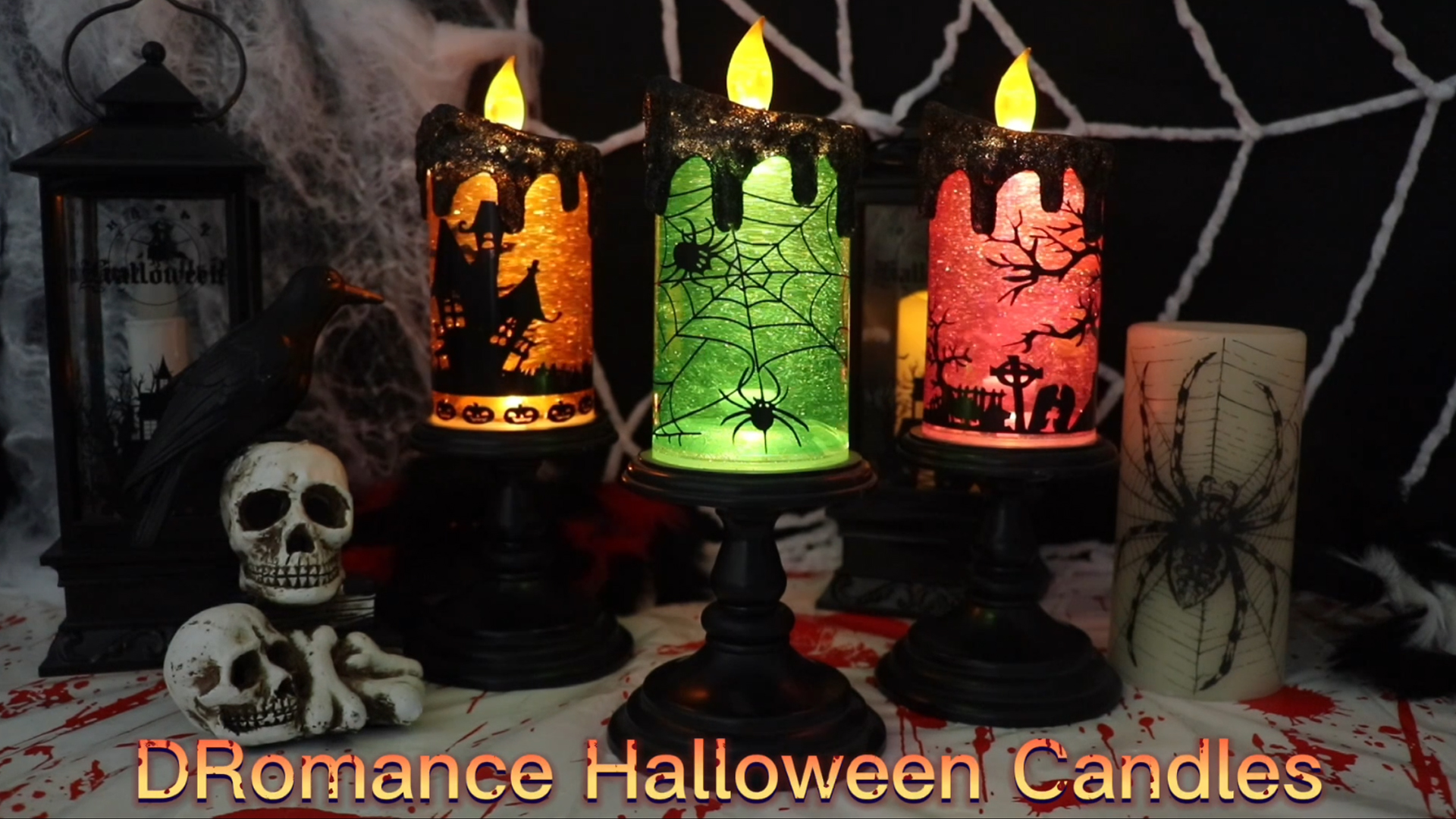 Image of Halloween Flameless Candle Snow Globe Battery Operated with 6 Hour Timer, Green Light Spider Decal Water Tornado Lamp LED Candlestick Halloween Season Decor Gift 4 x 10 Inches