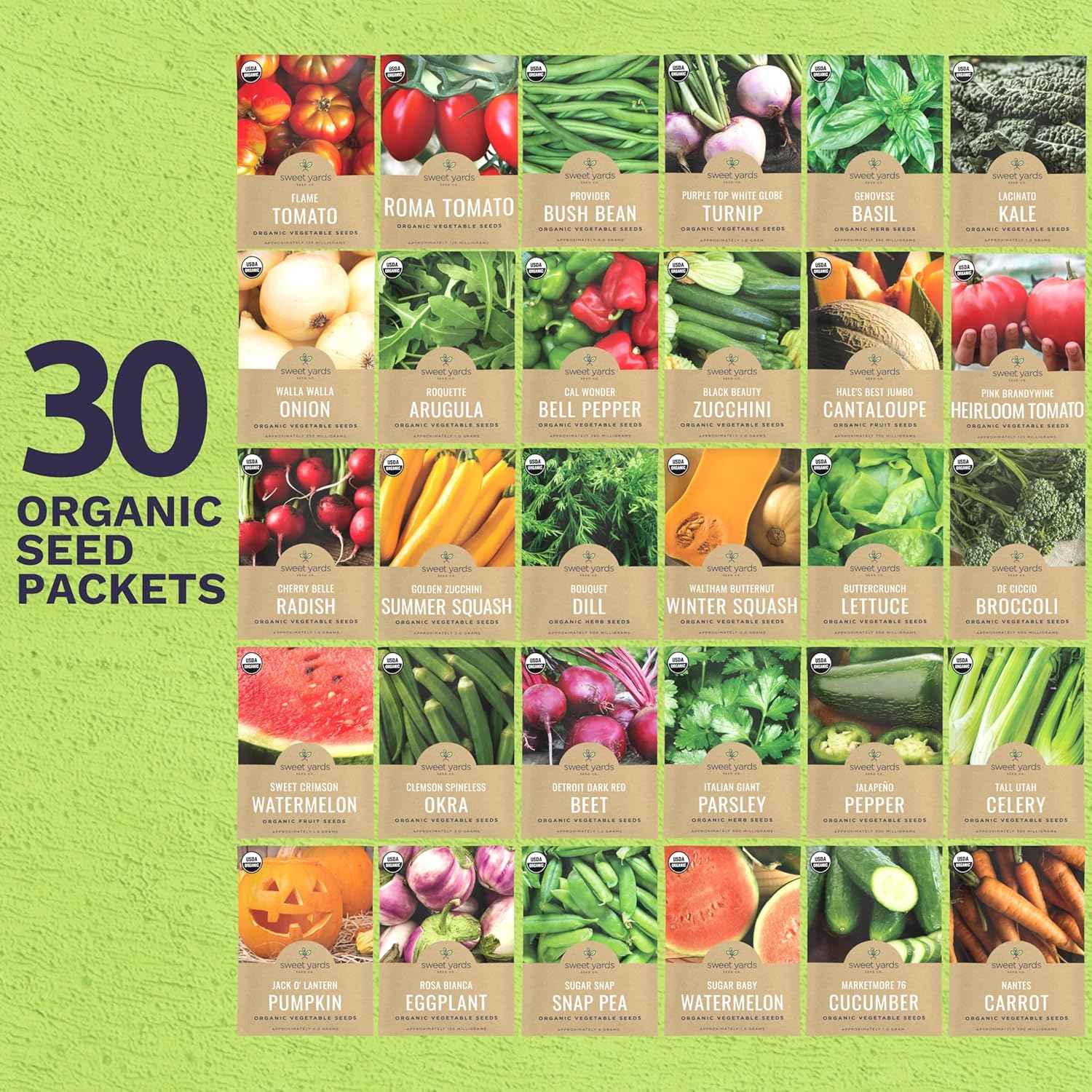 Organic Seeds Gardener Variety Pack - 30 Individual Packs - 2026 Season - Arugula, Basil, Winter Squash, Nantes Carrots and More! for Indoor & Outdoor Planting (Non-GMO, Certified Organic)