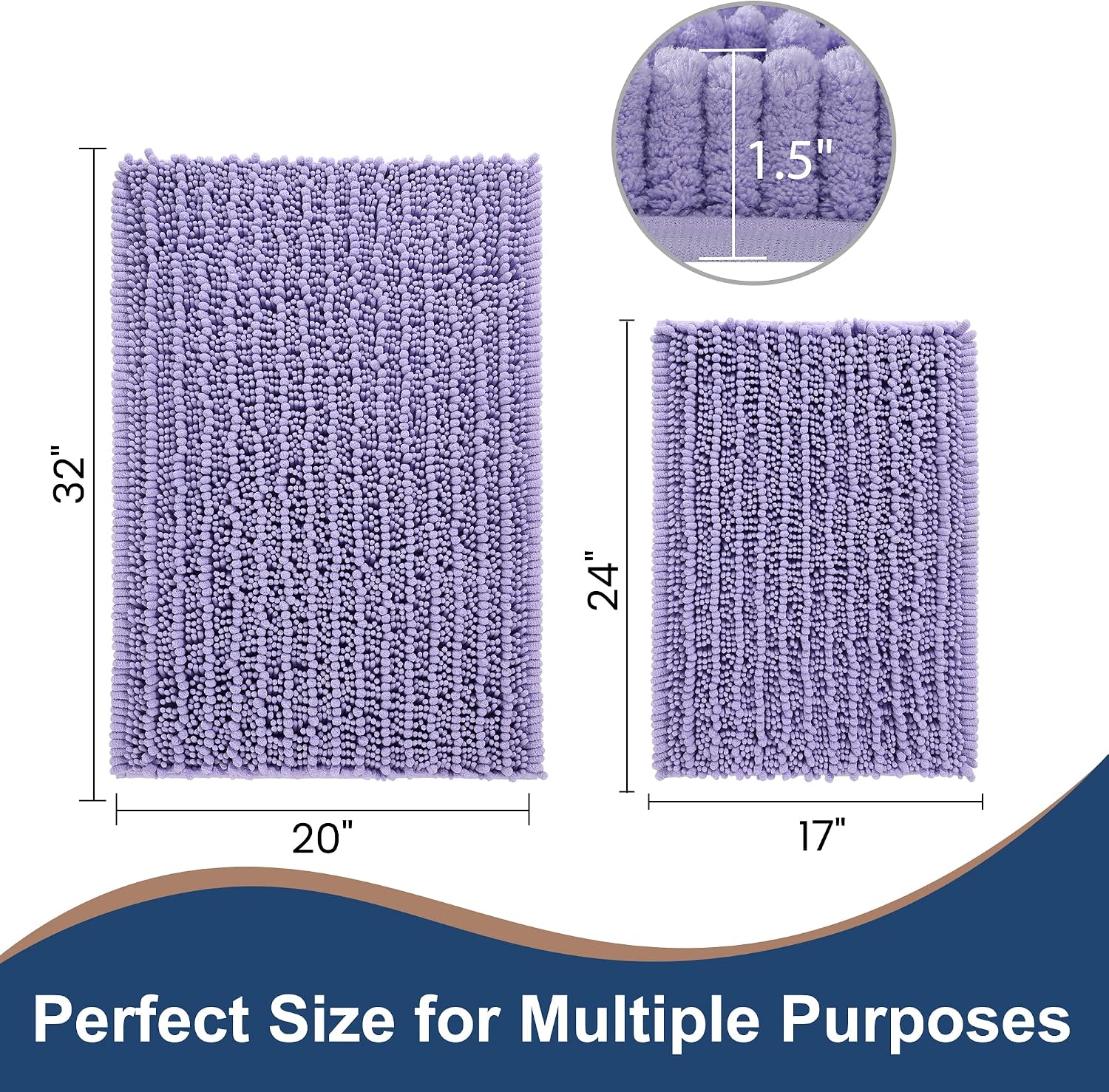 FLOLEOPA Luxury Chenille Lavender Bathroom Rugs Bath Mats Sets, Extra Soft and Absorbent Bathroom Rugs Non Skid Machine Wash Dry Bath Mats（32"x20" Plus 17"x24"）