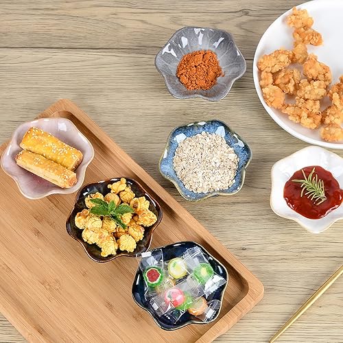 Miniatura 6 de Juego de 6 cuencos de cerámica para condimentos pequeños esmaltados con flores para sushi y salsa de soja