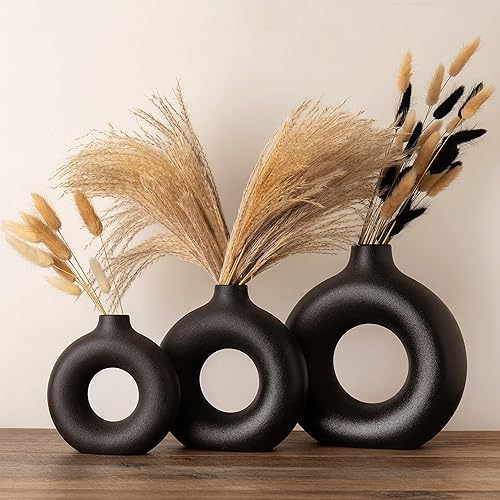 Miniatura 8 de Jarrón negro grande para decoración del hogar, florero circular negro grande, decoración moderna de sala de estar y dormitorio, 9 pulgadas de alto