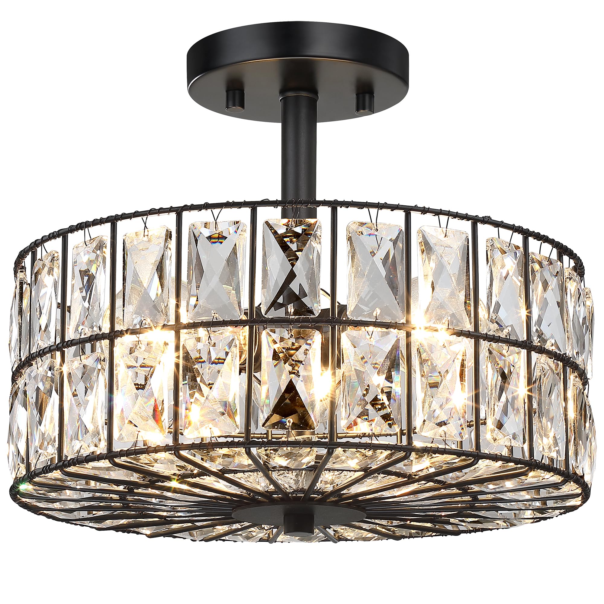 Modern Crystal Pendant Light Fixture Farmhouse Round Semi Flush Mount Ceiling Lights, Drum Shade 3LT Ceiling Lamp for Kitchen Island Dinning Room Bedroom, Hallway Black Finish