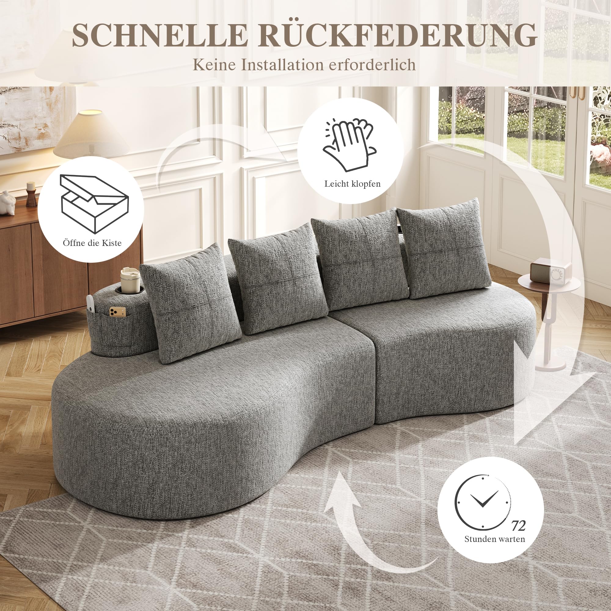 Modulares Schlafsofa Leinenstoff, Boneless Couch mit Schlaffunktion, Hochdichtschaumfüllung + Federstücke, Tassenhalter & Seitentasche, Ohne Montage, fürs Wohnzimmer, Gästezimmer oder Balkon