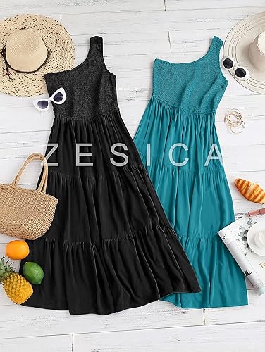 Miniatura 7 de ZESICA Vestido largo midi de verano bohemio con estampado floral de un hombro, sin mangas, fruncido con volantes, escalonado, para playa