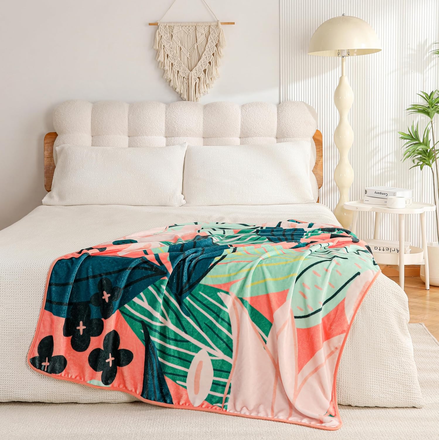 Boho Floral Flannel Fleece Throw Blanket – Soft, Warm & Lightweight Fuzzy Blanket for Couch, Bed, or Sofa Decor, Cute Botanical Design for Women & Girls, 50''x60'', Coral - Image 2