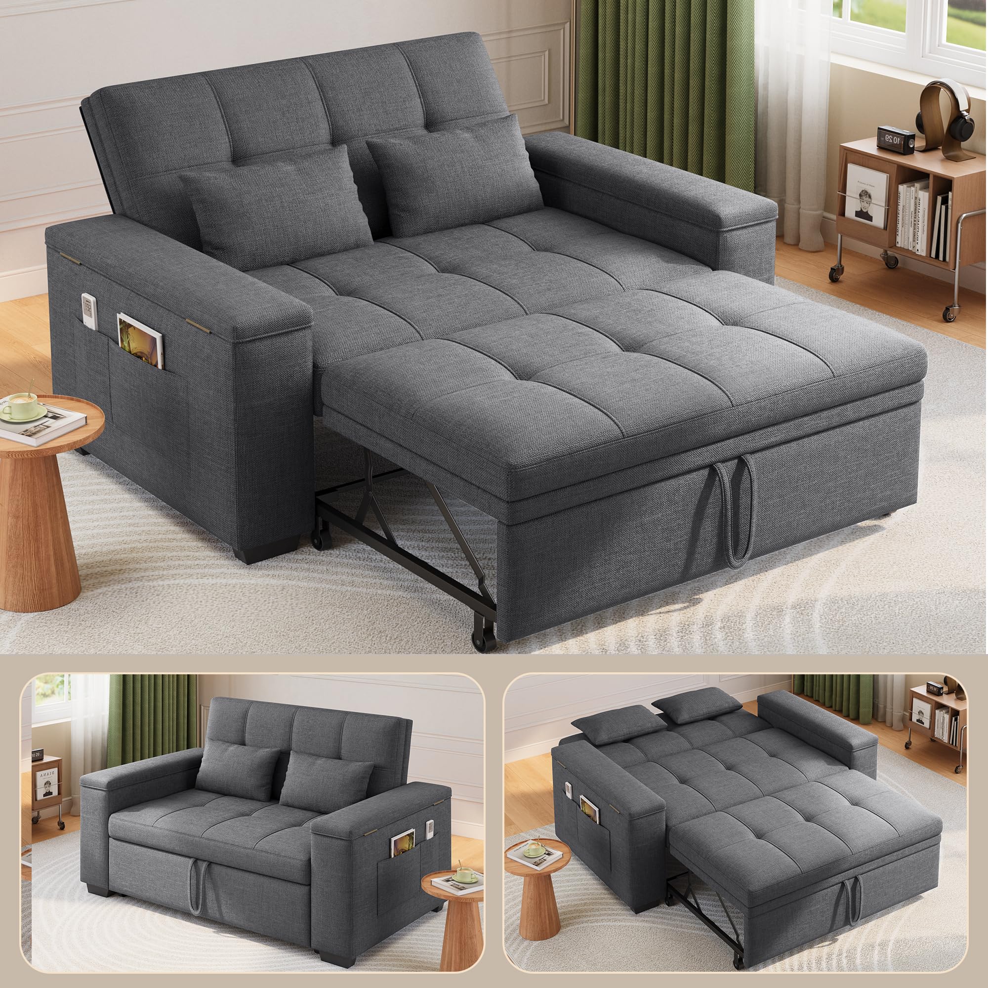 Xbro Divano Letto 2 Posti in Lino, Letto Esteso 175x116 cm, Convertibile 3 in 1 con 2 Cuscini e Tasche Laterali, Compatto Salvaspazio per Soggiorno e Camera Ospiti, 156x74x84 cm, Grigio Scuro