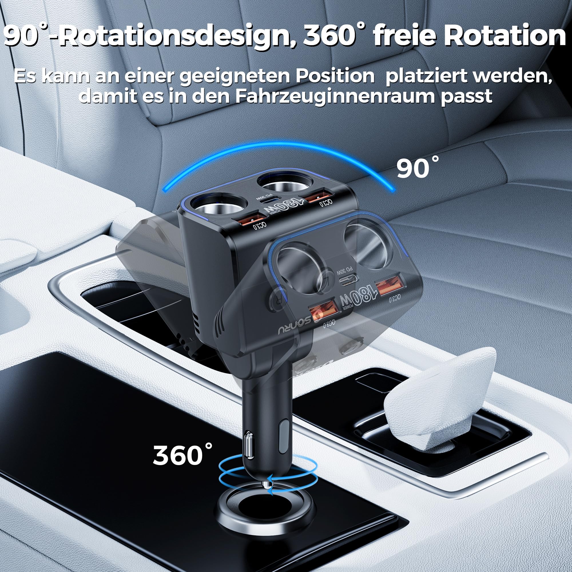SONRU180W Zigarettenanzünder Verteiler 5 in 1, 24/12 Volt Steckdose Auto Ladegerät KFZ Doppelsteckdose Adapter mit Zwei USB Typ-C Schnellladeanschluss