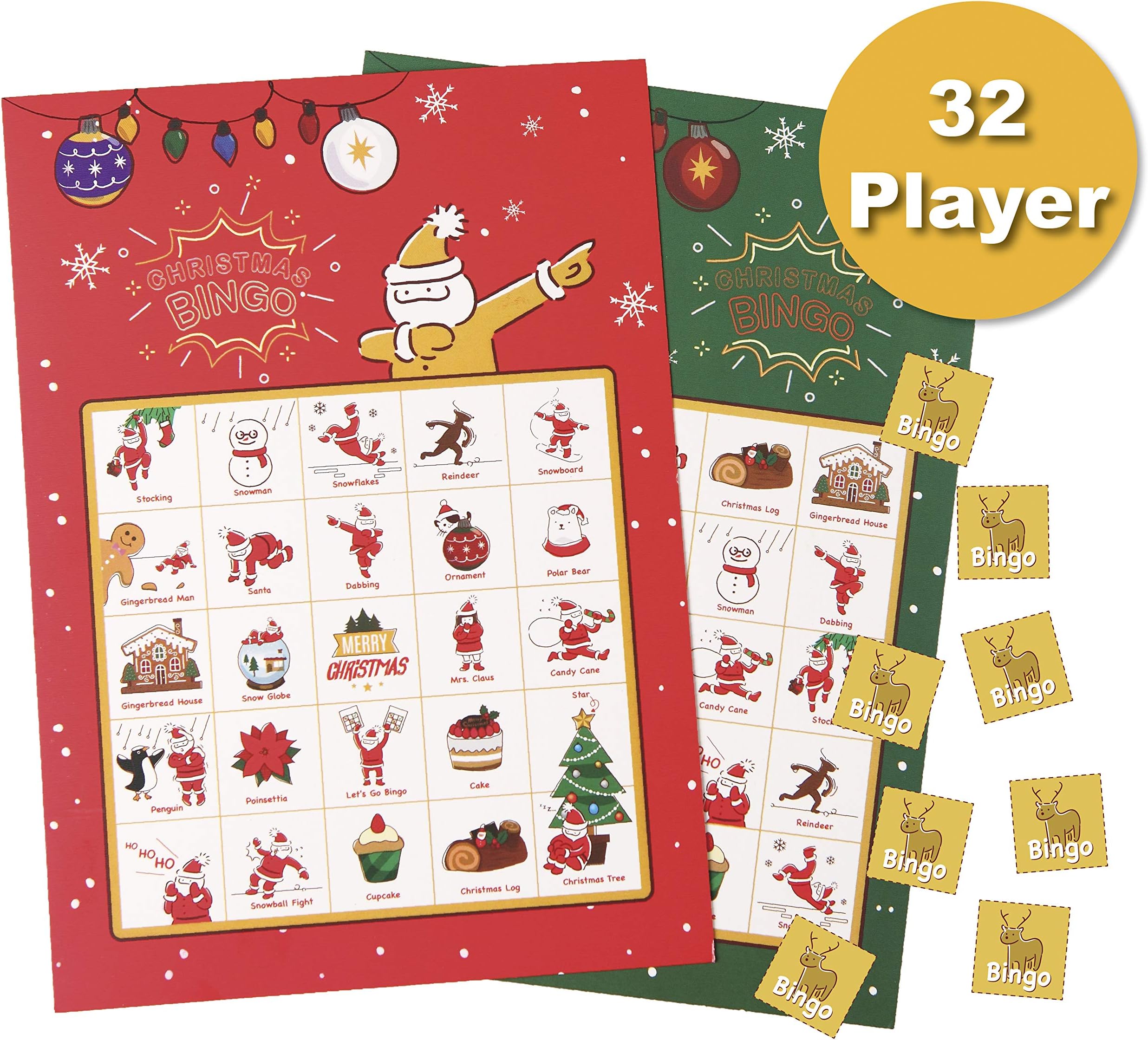 Christmas Bingo Game - 32-Set Family Holiday Party Supplies Activity Kit, 2 to 32 Multi-Player Bingo, Home party, Winter Fun for Kids and Adults