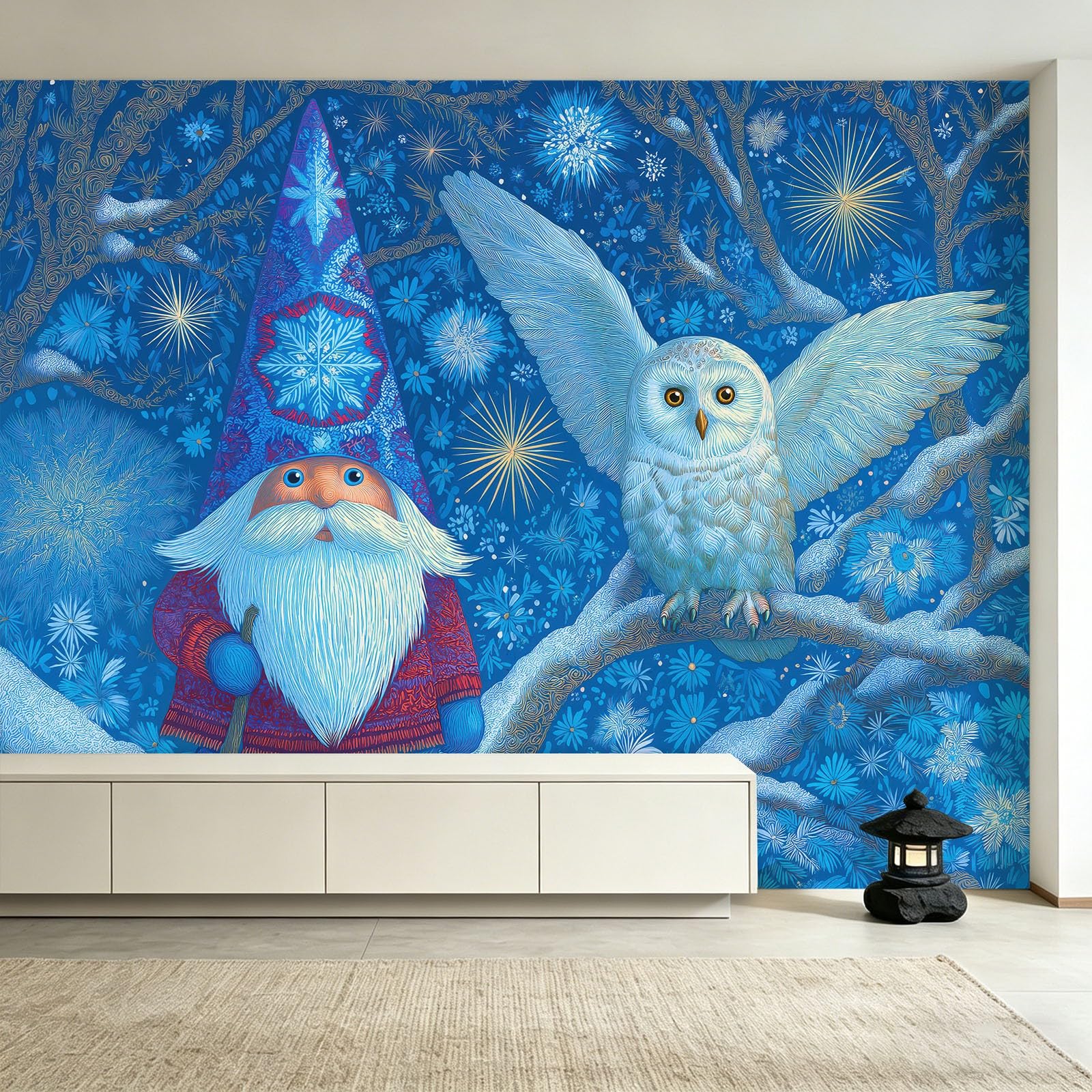 Générique Tapeta z włókniny - Sowa Harfang gnomy płatki 250 x 175 cm Fantazyjne Boże Narodzenie 3D Panoramiczna ściana XXL - Fototapeta - Dekoracja ścienna do salonu, sypialni