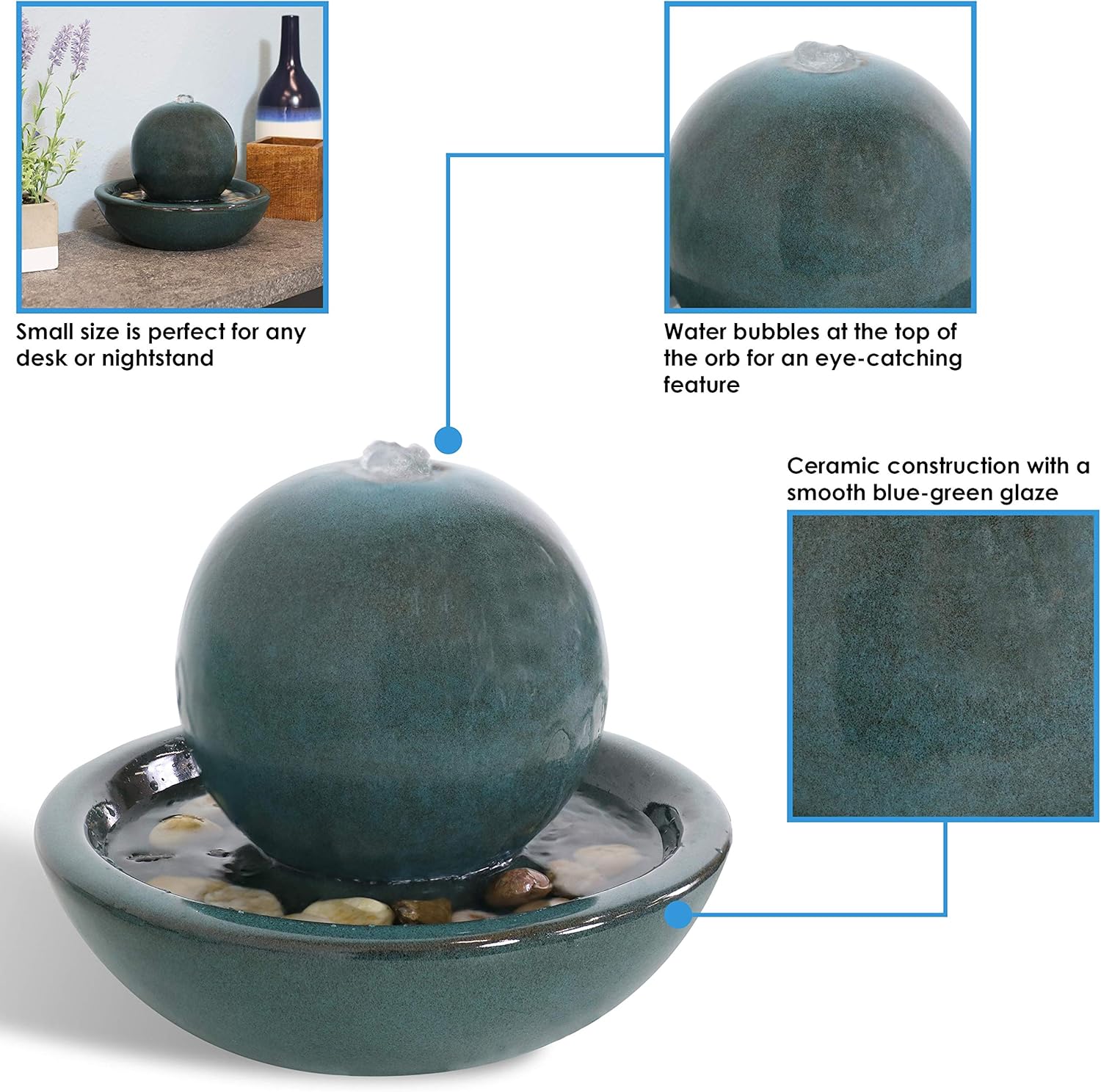 Sunnydaze Ceramic Tabletop Water Fountain with Orb Design - Indoor Zen Desktop Relaxing Water Feature - Interior Spa and Yoga Decoration - 7-Inch Tall : Sunnydaze Decor: Home & Kitchen