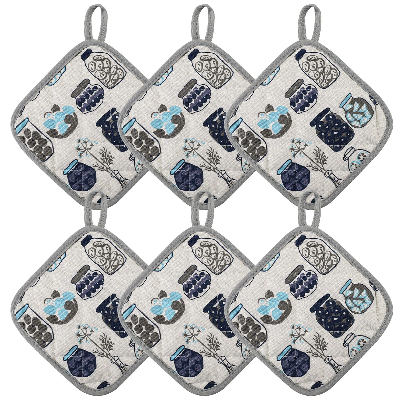 6pcs Pot Holders for Kitchen, Cotton Kitchen Hot Pads, Heat Resistant Oven Mitts and Pot Holders Sets (Grey)