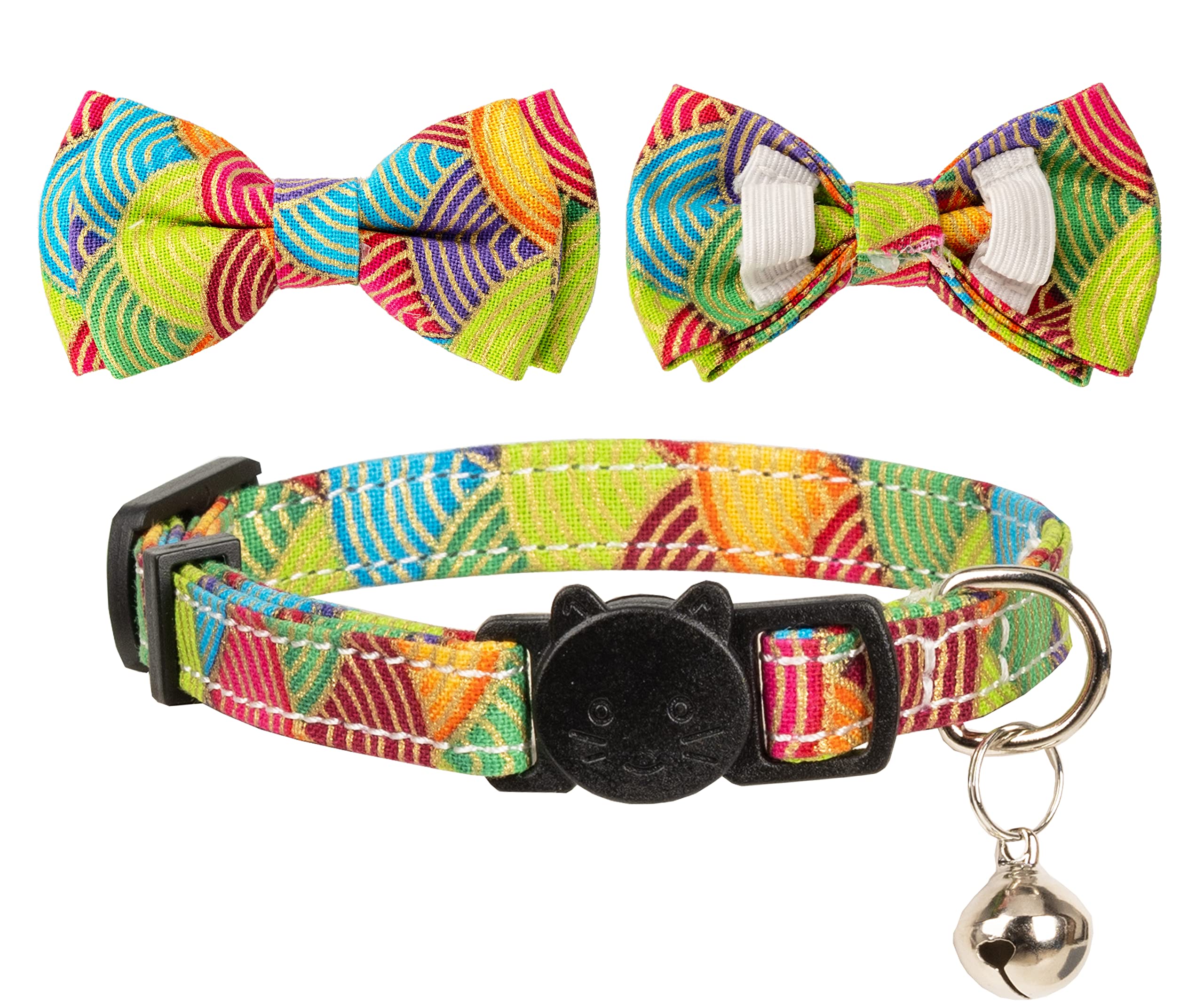 Collar para gatos y mascotas Breakaway con campana, moño floral, desmontable, ajustable, seguridad, cachorro, 2 unidades, color verde y morado