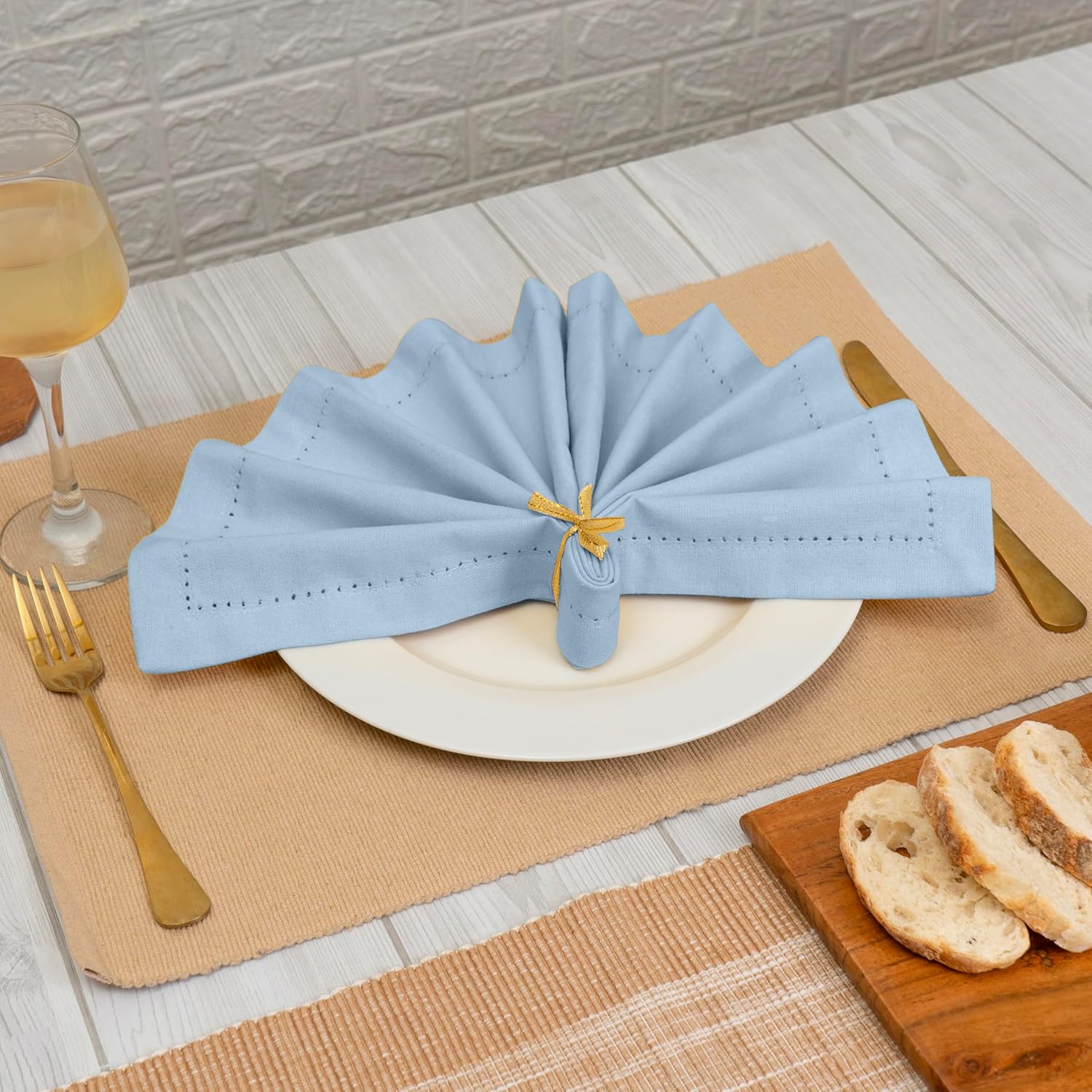 Blue Needles Set of 12 Hemstitch Linen Napkins 100% Cotton Ice Blue Cloth Dinner Napkins 18x18 inches - Spring Summer Easter - Soft, Reusable, Absorbent, Washable, Ideal for Parties & Everyday Use