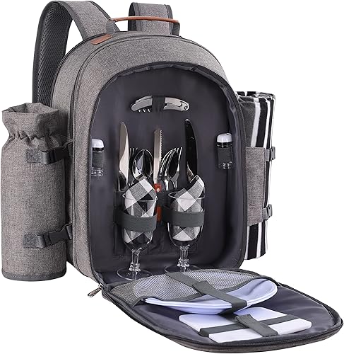 Apollo Walker Juego de mochila de picnic para 2 personas con compartimento refrigerador, soporte desmontable para botellasvino, manta de forro
