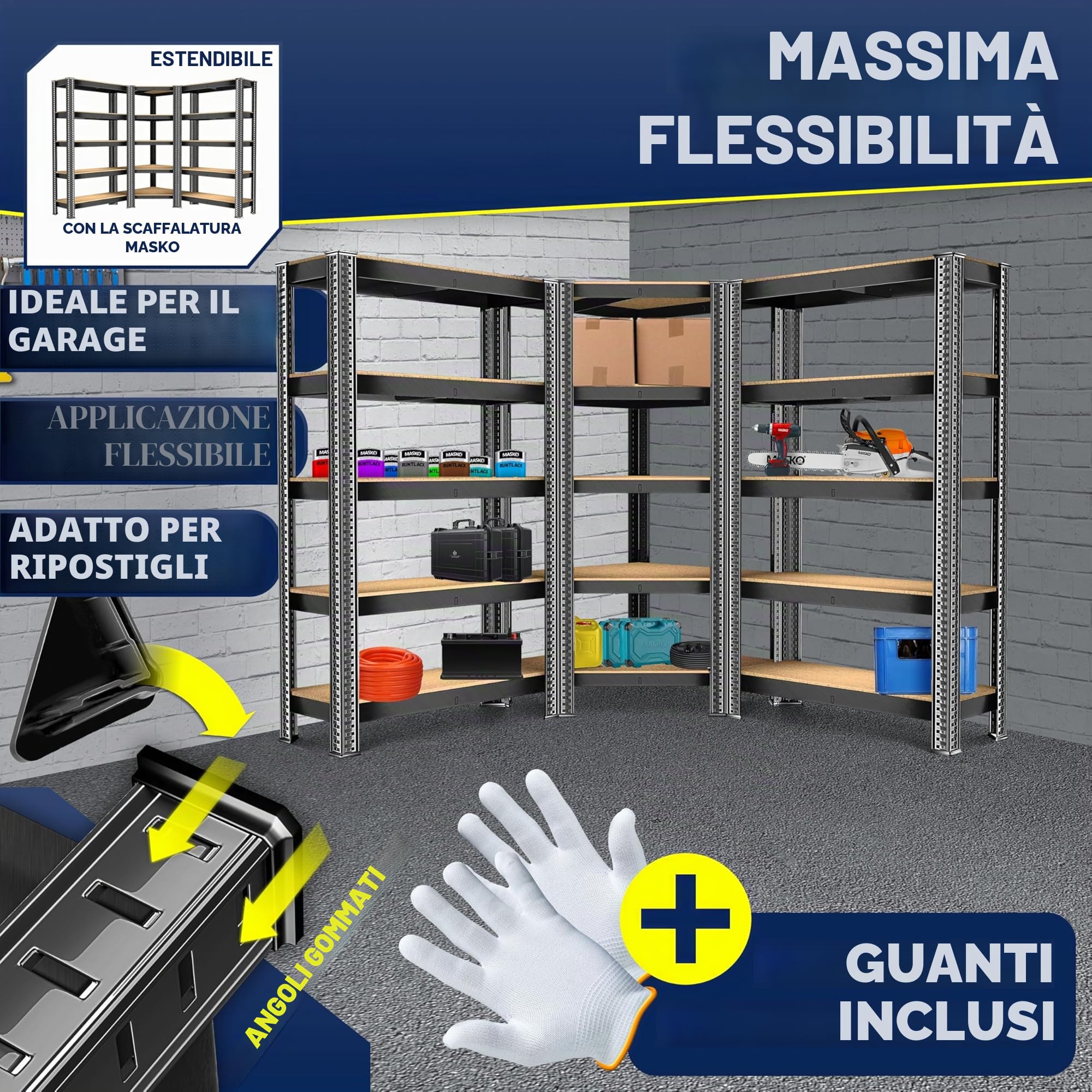 MASKO® Scaffale Angolare, Scaffale di Stoccaggio, per Carichi Pesanti, 180x75x40cm, fino a 875 kg, 5 Ripiani Regolabili, MDF in Metallo, Nero