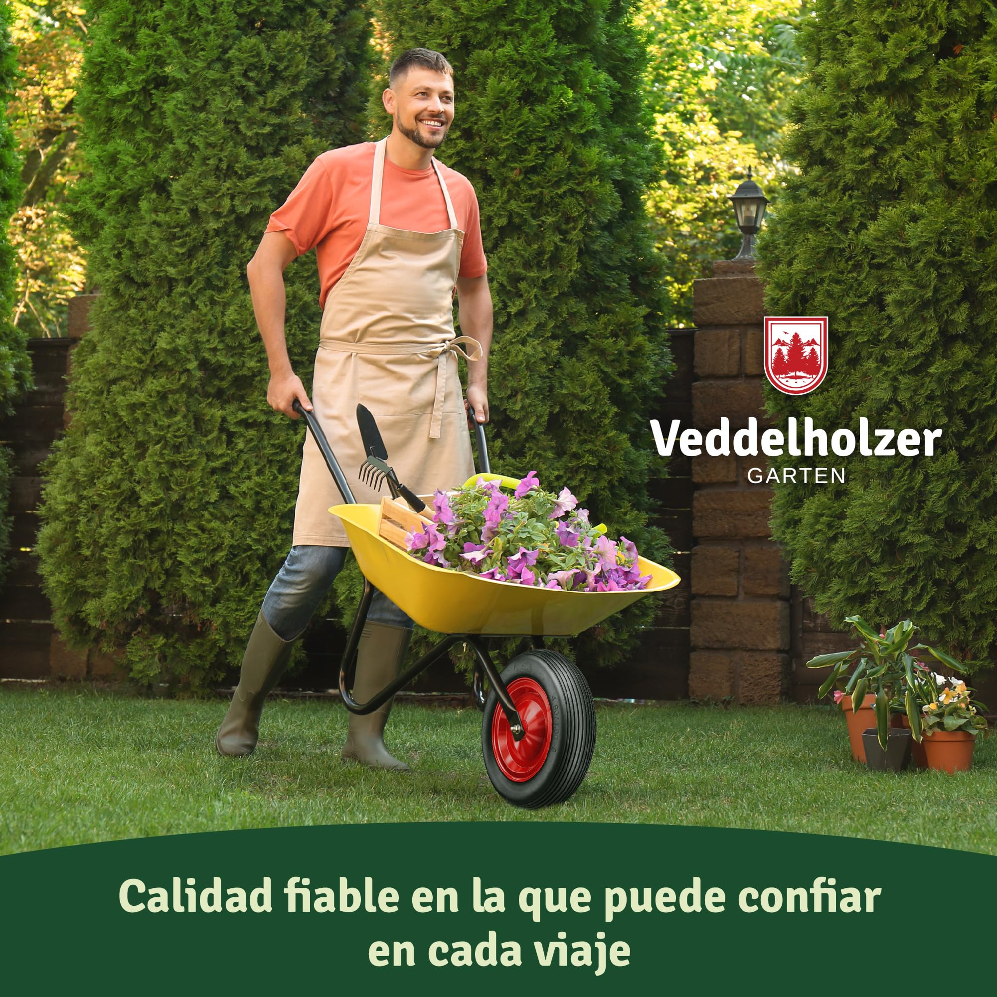 Veddelholzer Rueda de carretilla de goma maciza de poliuretano, 4.80/4.00-8, con llanta de acero de 385 mm de diámetro, incluye eje y montaje, capacidad de carga de 200 kg, poliuretano resistente a