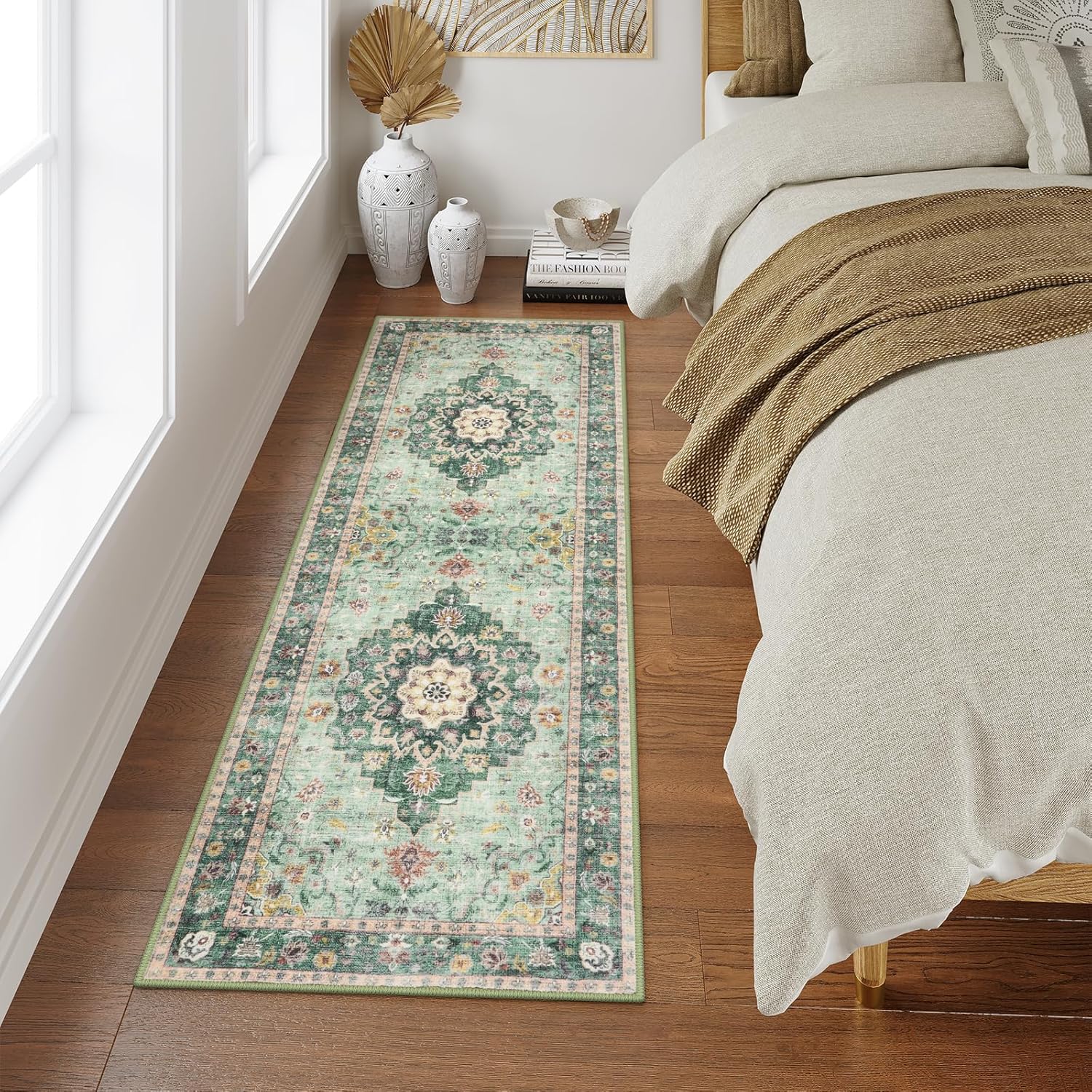 Green Floral 2' x 6' Washable Non-Slip Runner Rug