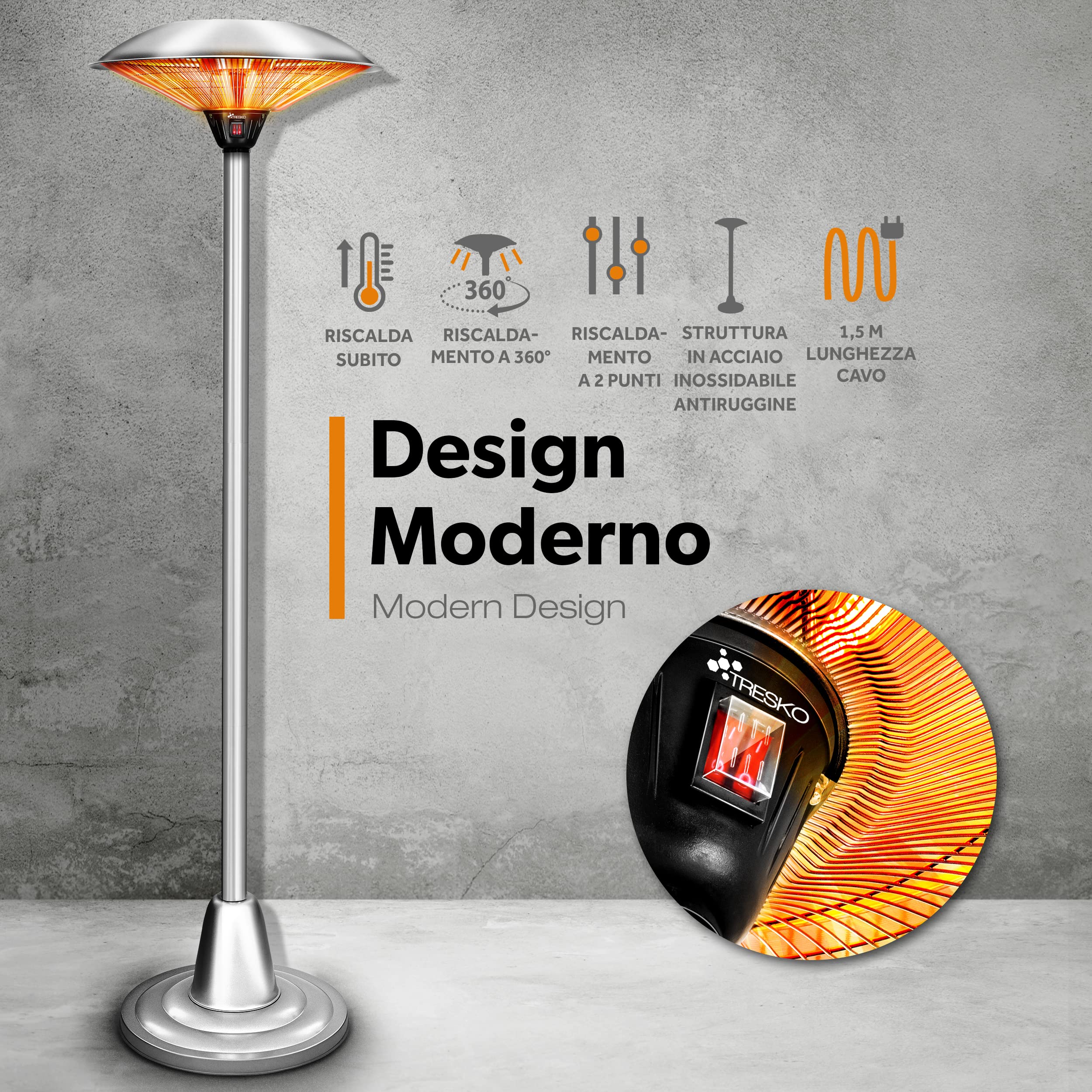 TRESKO Stufa a infrarossi 2500W | Riscaldatore Fungo elettrico da patio con 2 livelli di calore | interni ed esterni | Riscaldatore da stand con display a LED in quarzo a infrarossi