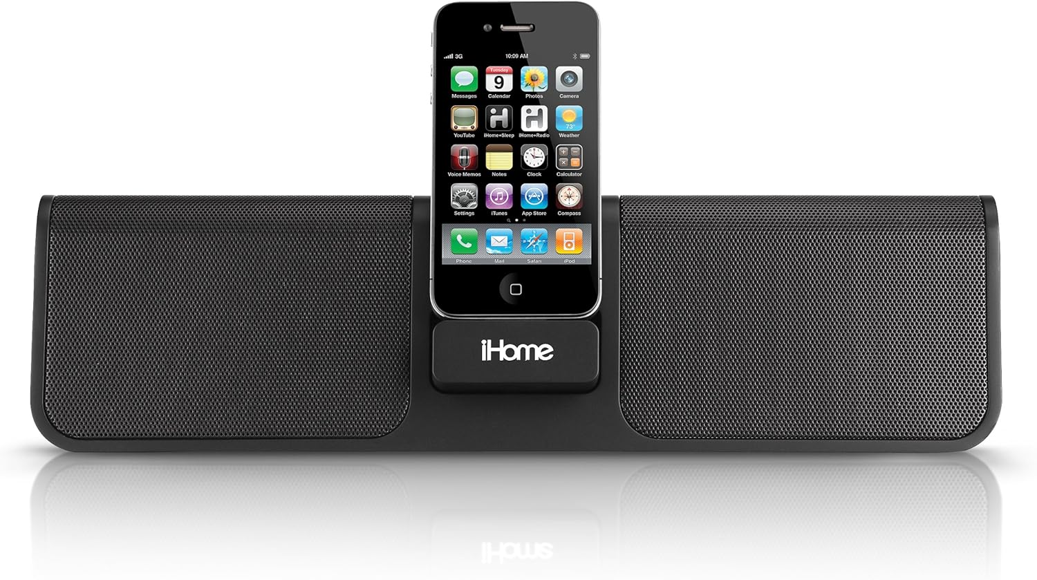 Front view of iHome iP46 with an iPhone docked.