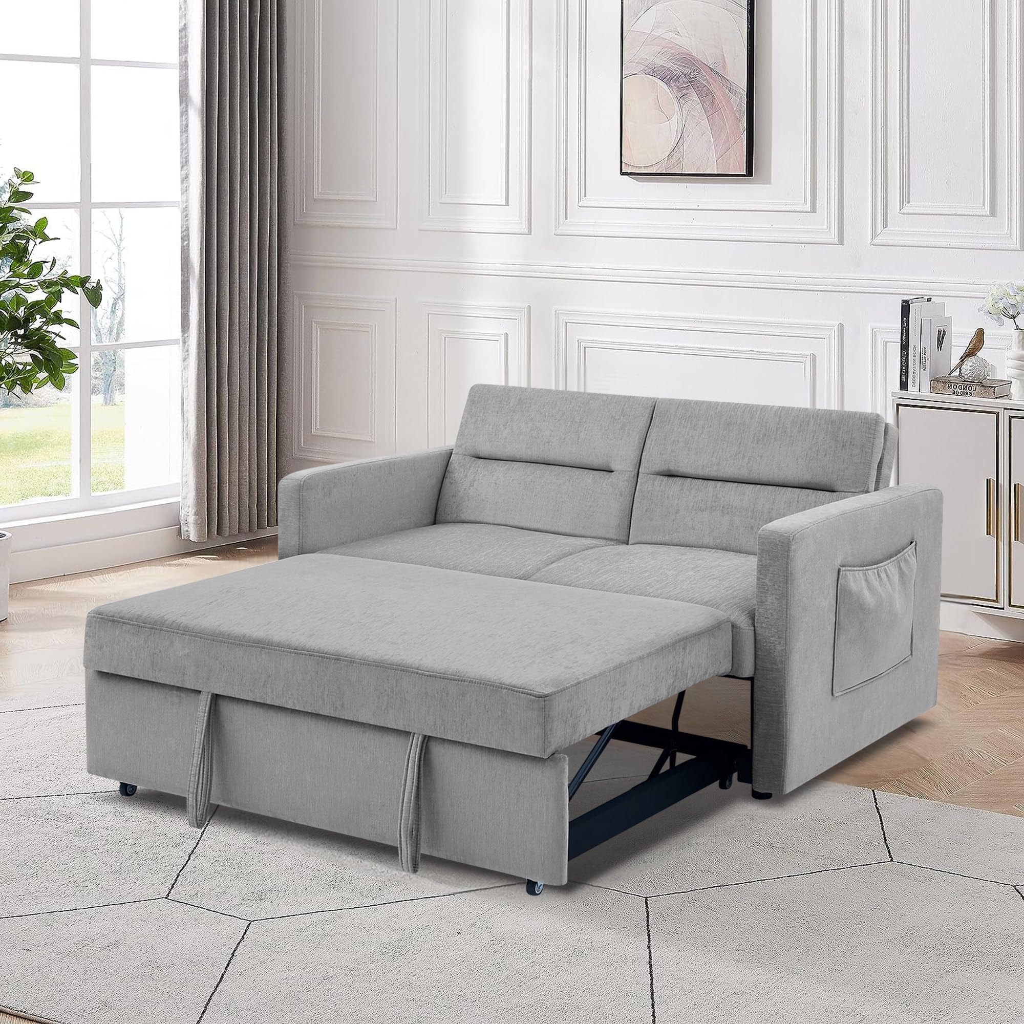 Loveseat Sleeper Sofa Bed, Pull Out Couch Comfortable Chenille Fabric, Adjustable Backrest, Resilient Sponge Cushions, Sturdy Wood Frame, Side Storage Pockets, Grey