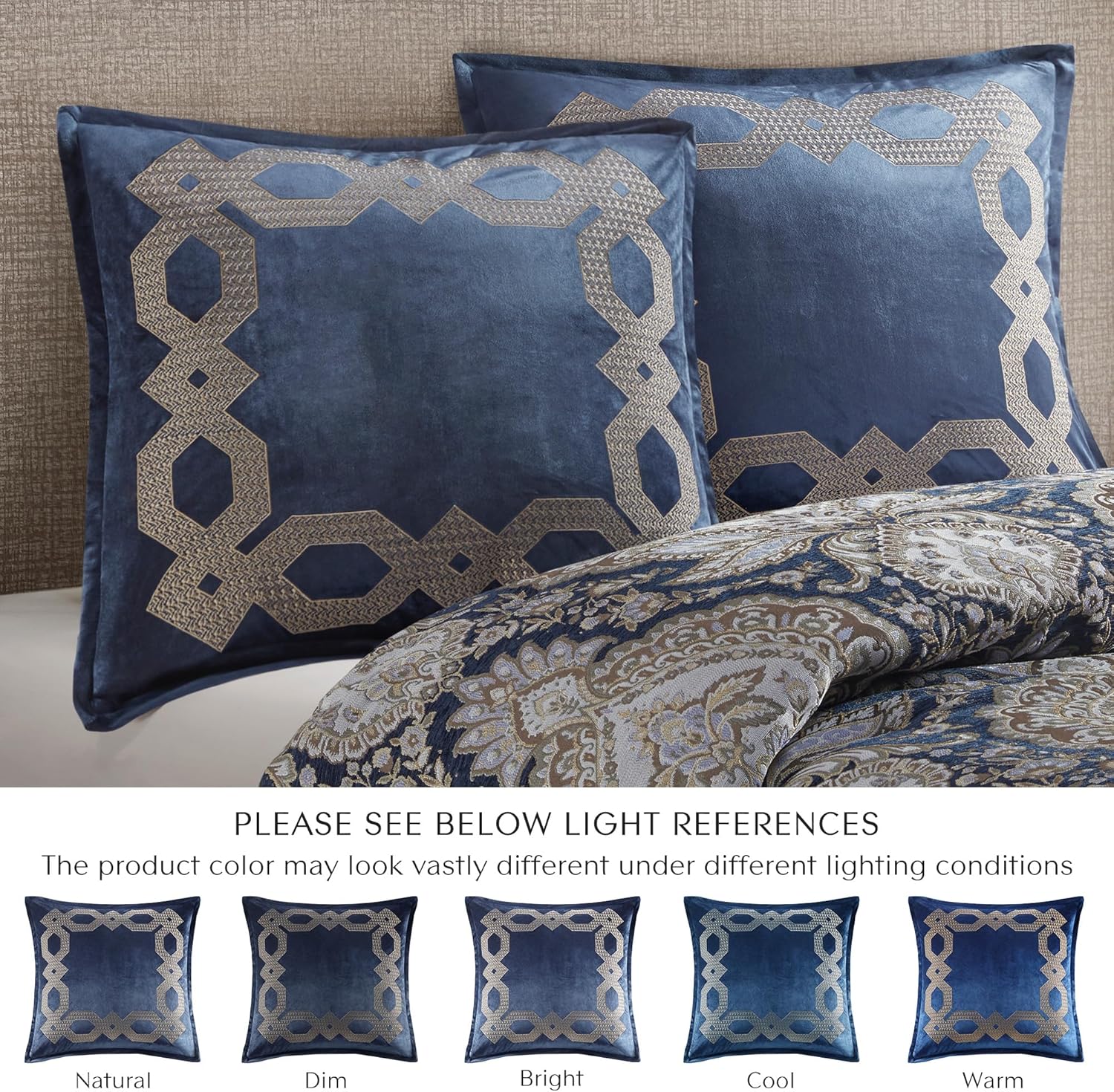 Croscill Classics Velvet Euro Sham, Regal Geometric Metallic Embroidery Design with Flange, Soft Velvet 26" x 26" Pillow Cover, Hidden Zipper Closure (Cushion NOT Included) Clermont, Navy 1 Piece