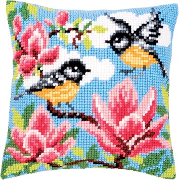 Vervaco Cross Stitch Embroidery Kits Pillow Front for Self-Embroidery with Embroidery Pattern on 100% Cotton and Embroidery Thread, 15,75 x 15,75 Inches - 40 x 40 cm, Bird with Flowers