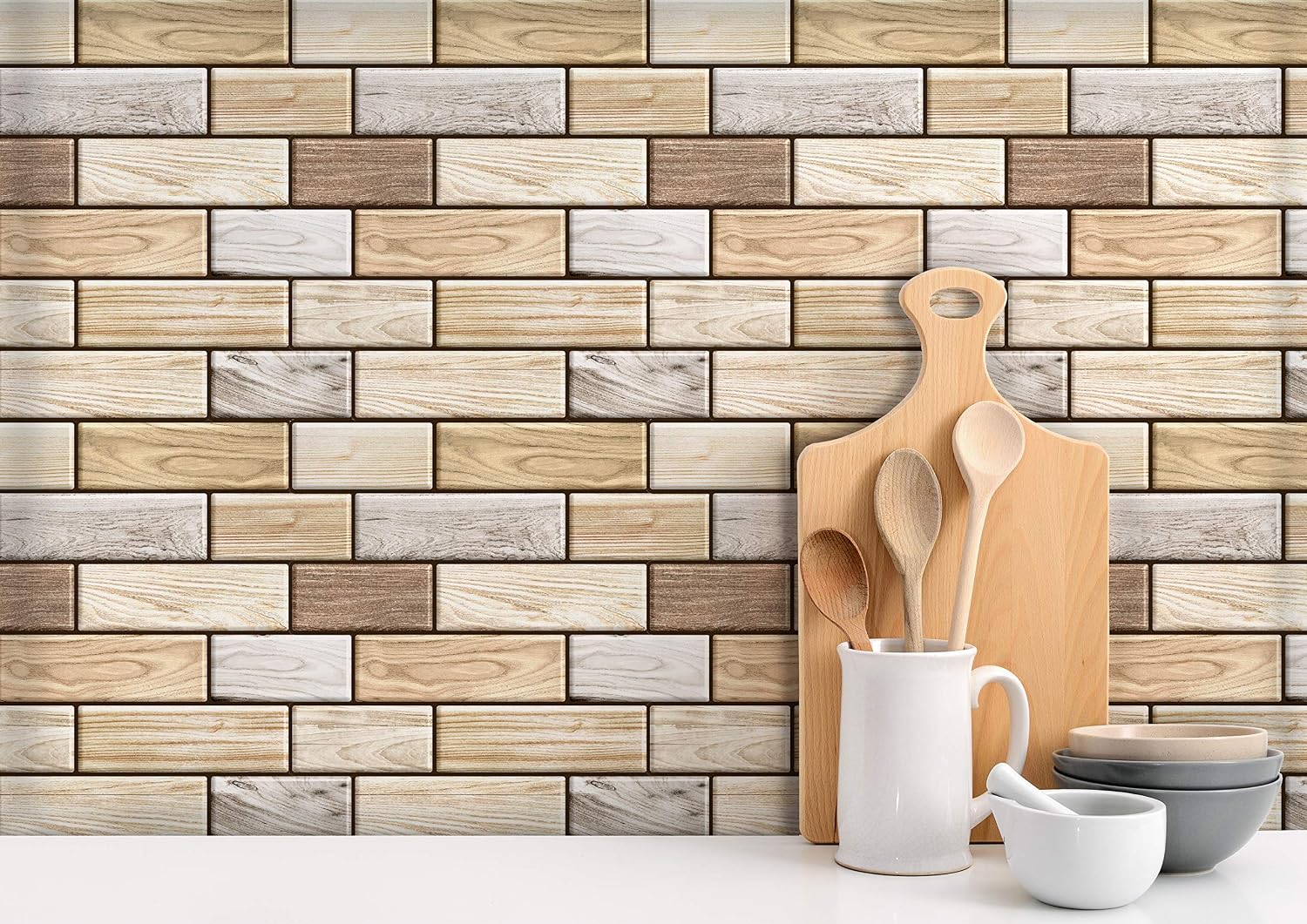 Mosaicowall Peel and Stick Backsplash self Adhesive 3D Tile for Home Decor - Beige Subway - (Pack of 10)