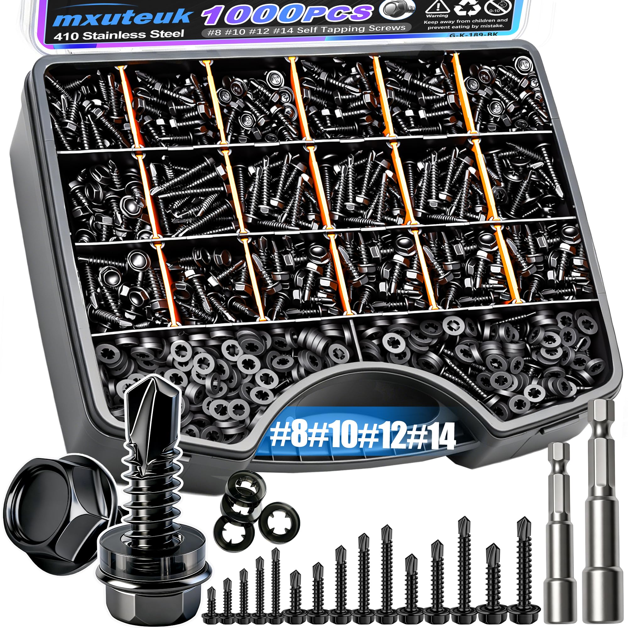mxuteuk 230PCS #8 Self Tapping Screws for Metal,410 Stainless Steel Self Drilling Screws,1/2",5/8",3/4",1",1-1/4" Truss Head Sheet Metal Screws with Rubber Washers for Metal,Plastic,Wood(115pcs Sets) — Amazon image 21