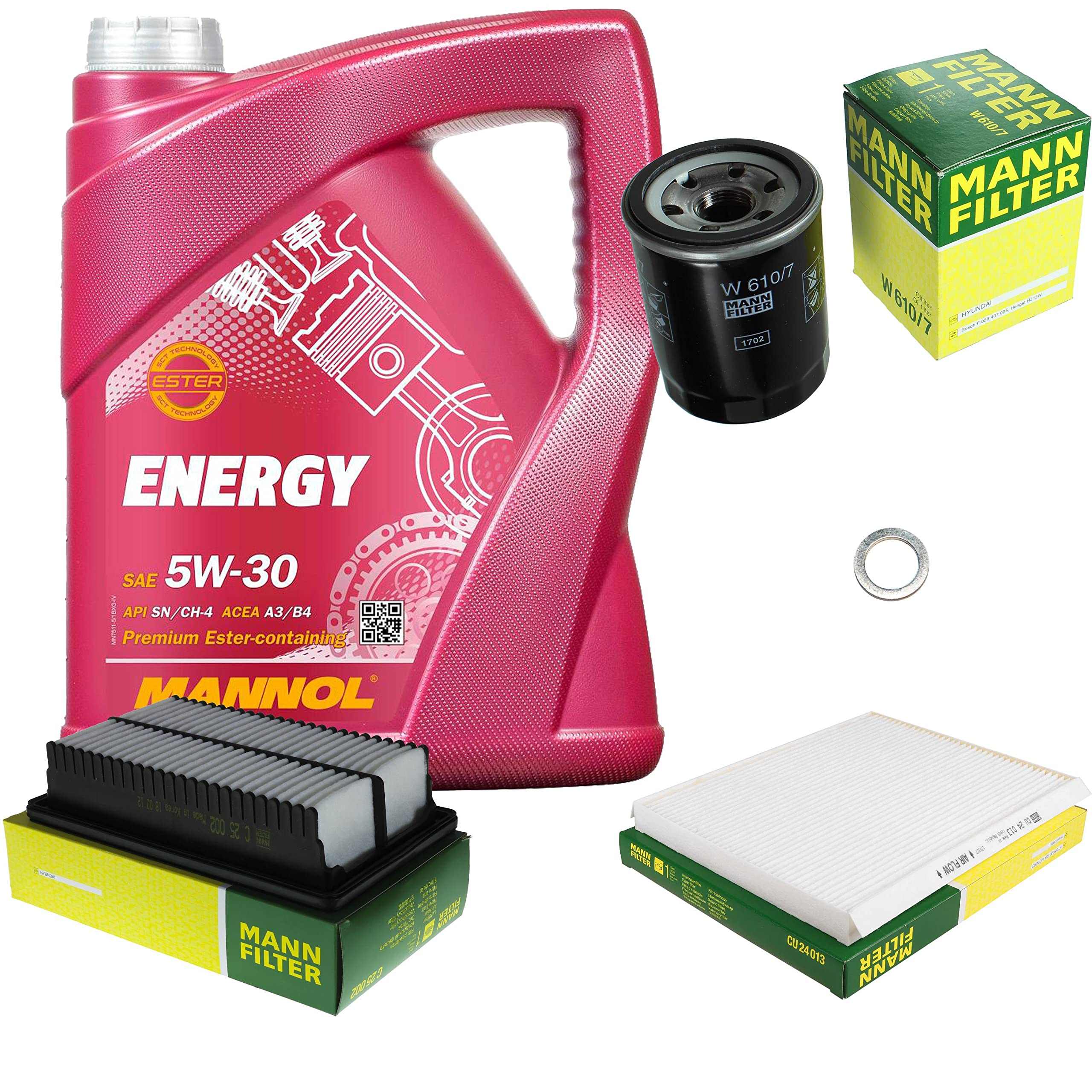 Inspektionspaket Wartungspaket 5L MANNOL Energy 5W-30 für i20 1.2 | Motoröl MANNOL Energy 5W-30 Ölfilter Luftfilter Innenraumfilter Dichtring