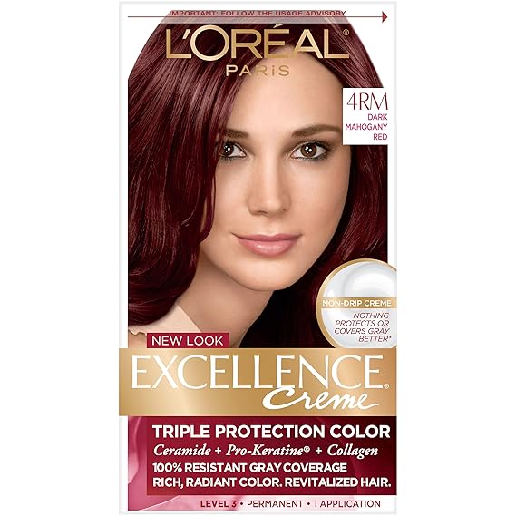 Amazon Com L Oreal Paris Excellence Creme Permanent Hair Color 4rm Dark Mahogany Red 100 Percent Gray Coverage Hair Dye Pack Of 1 Chemical Hair Dyes Beauty Personal Care