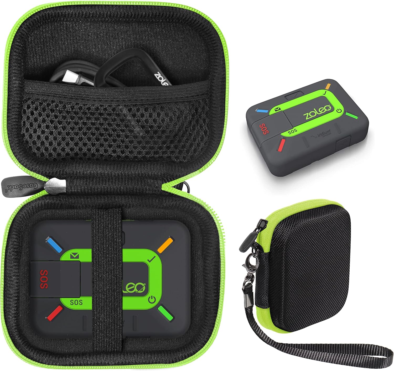 case for ZOLEO Satellite Communicator, Black with Green Zip to Match ZOLEO, mesh Accessory Pocket (Black with Green Zip)