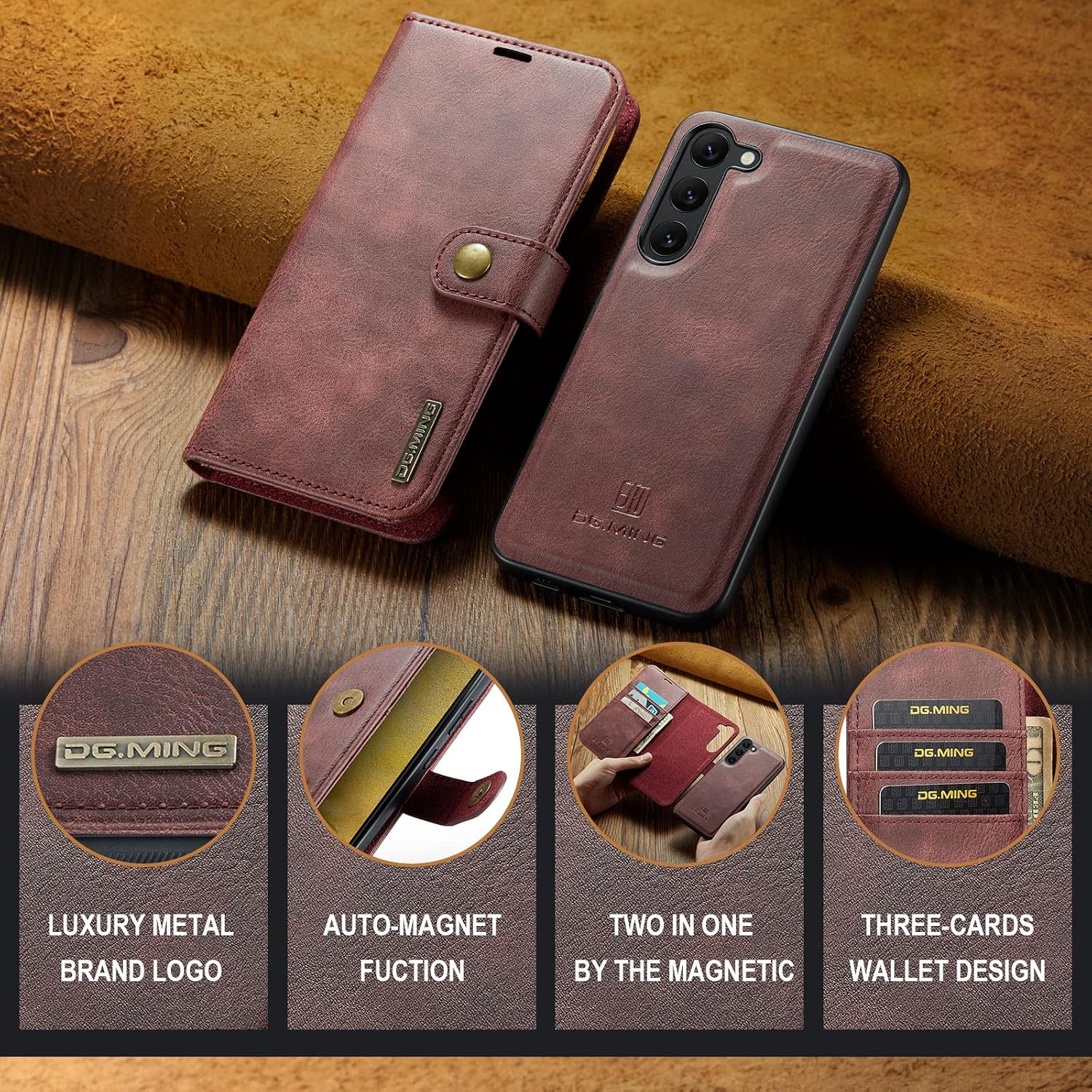 Detachable 2 in 1 Split Magnetic Flip Folio Wallet Case Compatible with Samsung Galaxy S23 Genuine Leather Phone Case with 3 Card Holder Slots Kickstand Shockproof Cover(Red)