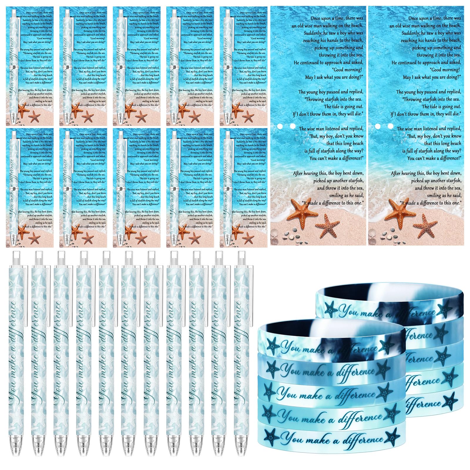 Sayglossy 60 Pcs Starfish Gifts Bulk Starfish Story You Make a Difference Ballpoint Pens Bracelets Wristbands With Cards Thank You Gifts for Adults