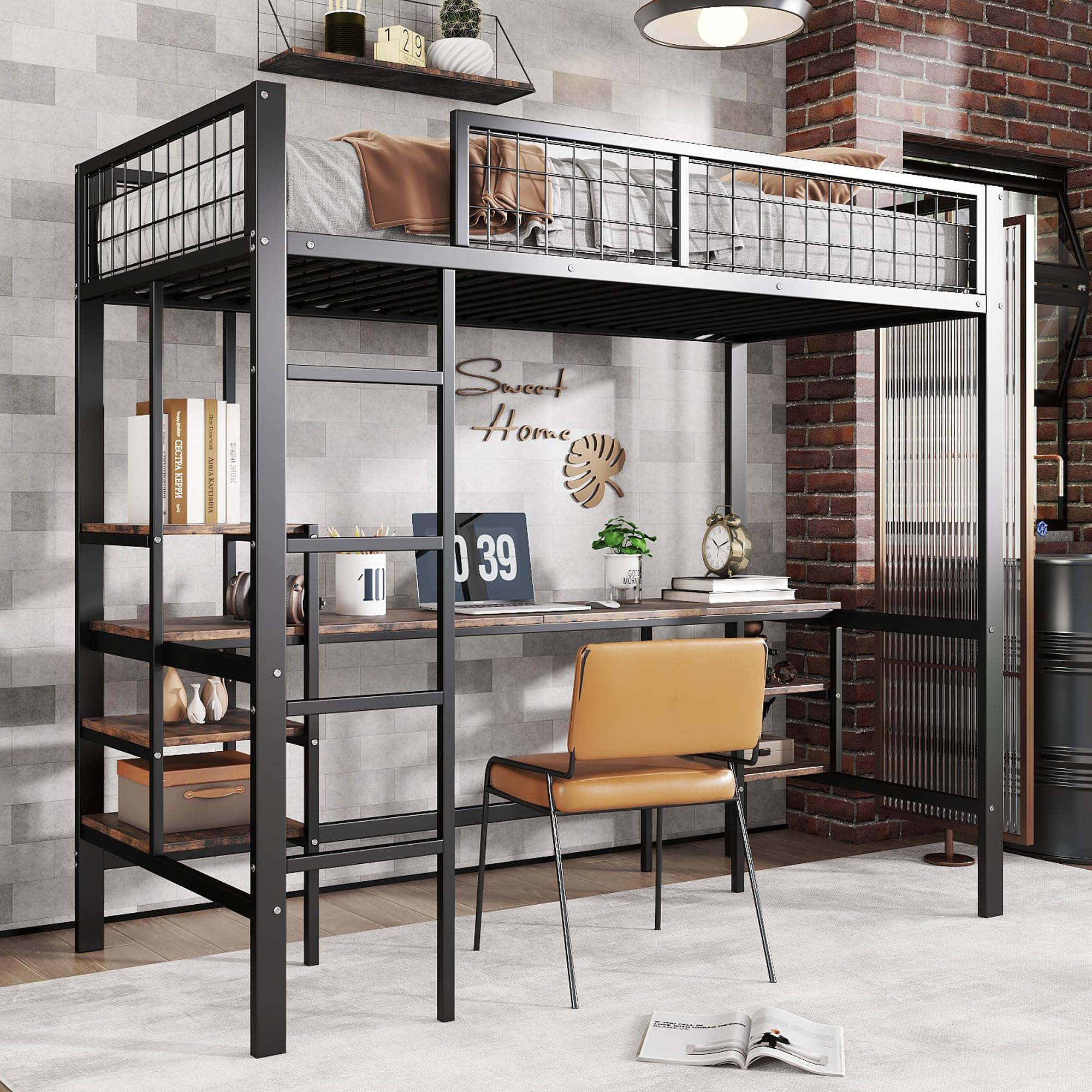 OKMYHOME Łóżko antresolowe 90x200 cm, metalowe łóżko dla nastolatków z wbudowanym biurkiem i półkami, oszczędność miejsca w stylu industrialnym - czarne