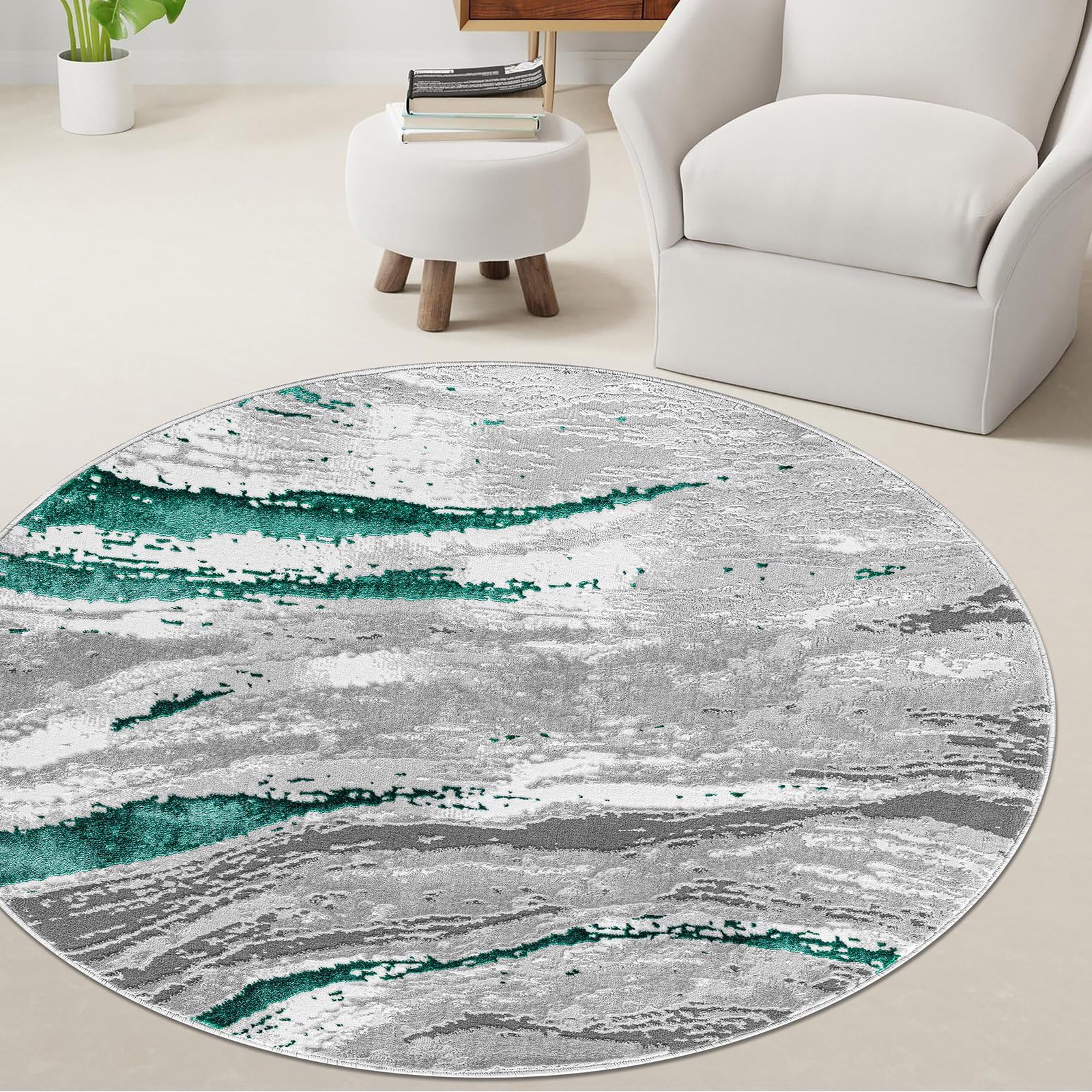 renoazul® Large Round Rug With Jute Back, Jeze Emerald Abstract Rug - 120 x 120 cm - Washable Circular Rugs For Kitchen, Chair and Sitting Room