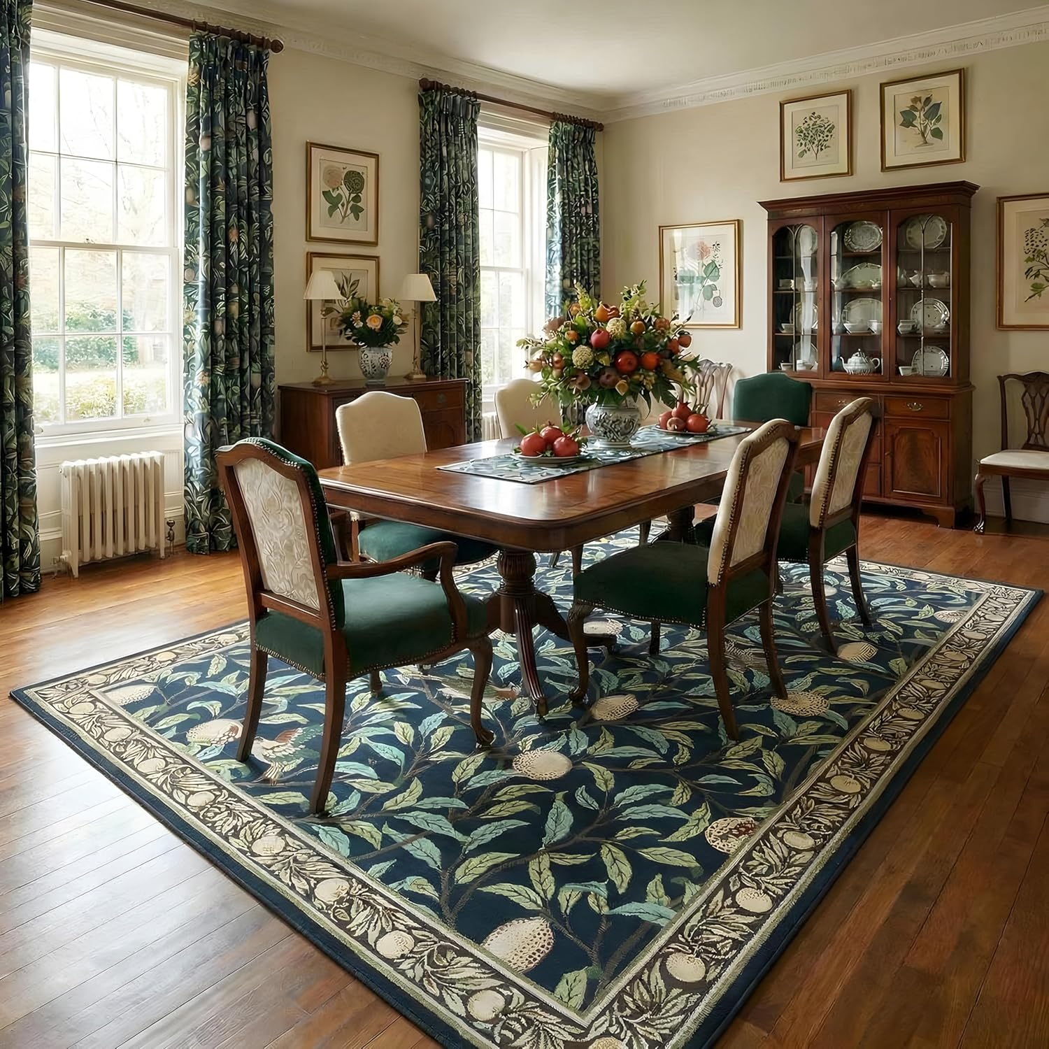 GarveeHome Boho Leaf Area Rugs 9x12 Living Room, Large Rugs for Living Room with Soft Low Pile, 9x12 Botanical Bird Washable Rug with Non-Slip Backing for Bedroom Dining Room Navy Blue Carpet