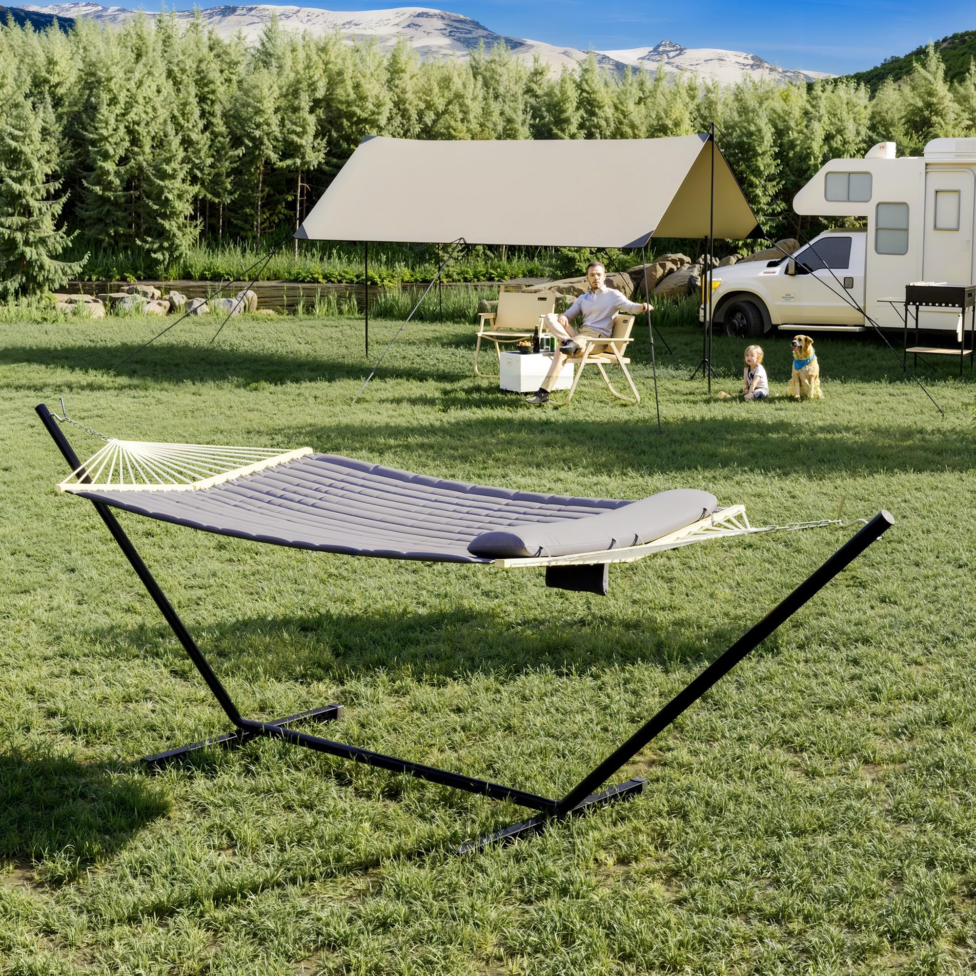 Aptliton Double Hammock with Stand, 2 Person Heavy Duty Hammock with Pillow & Carrying Bag, 12FT 365CM Anti-Tip Steel Frame for Garden Patio Beach, Dark Grey