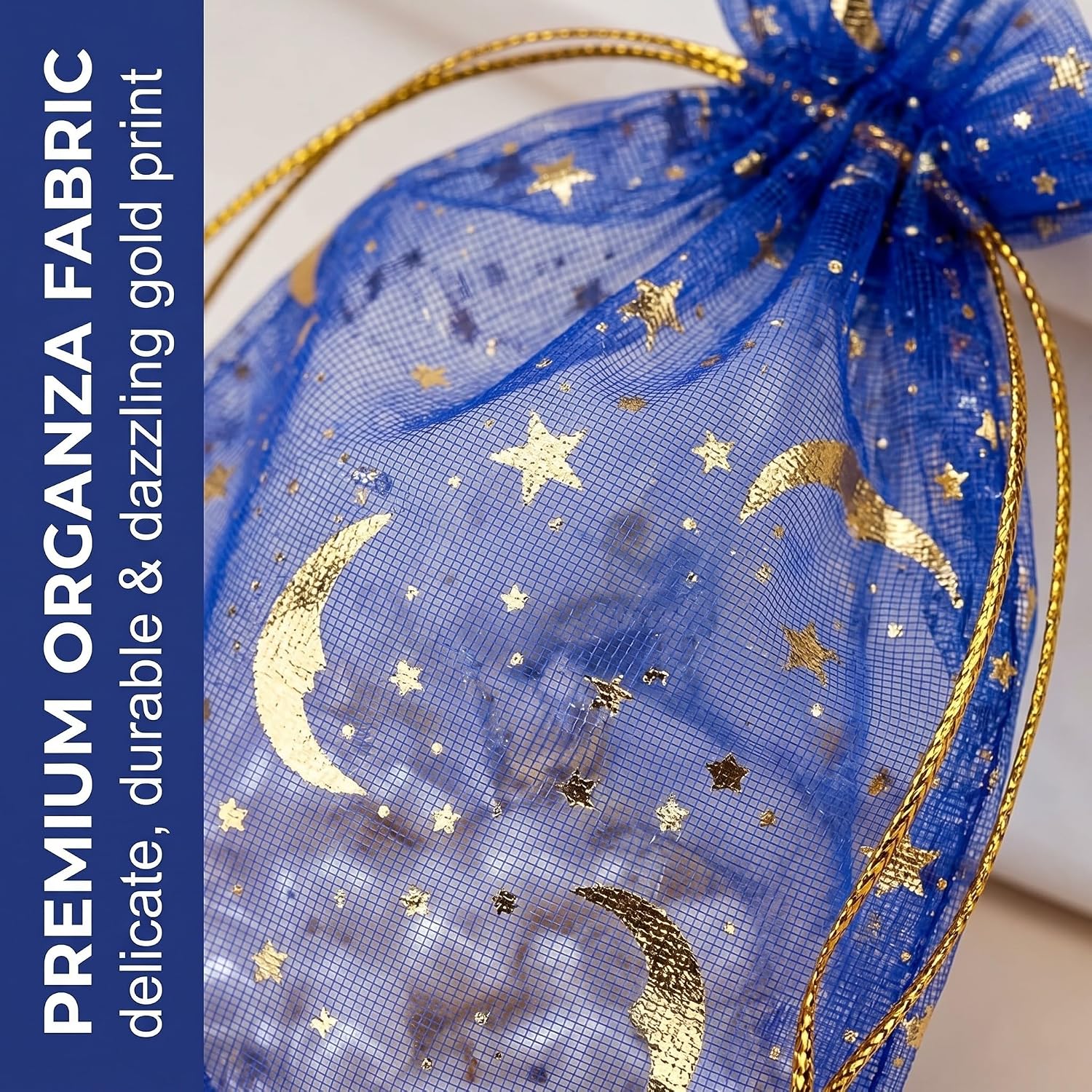 Woreczki z organzy 9 x 12 cm królewski błękit ze złotym nadrukiem małe woreczki do napełniania na biżuterię prezenty dla gości i wesele woreczek z organzy ze sznurkiem woreczek na biżuterię