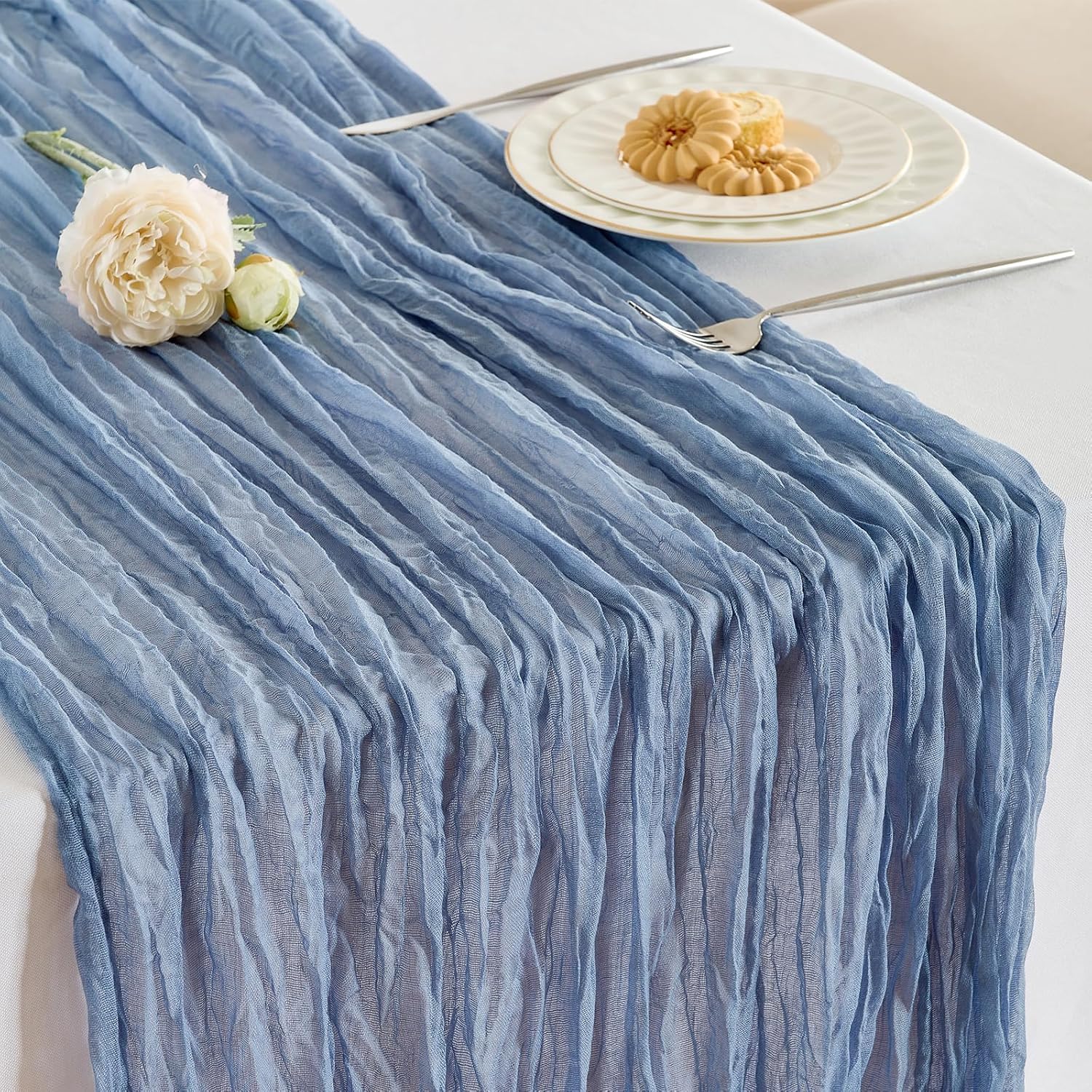 Fanami 1 Pack Cheesecloth Table Runner -10FT Dusty Blue Boho Gauze Cheese Cloth Table Runner 120 Inches Long Rustic Sheer Fabric Centerpieces for Wedding Birthday Party Bridal Baby Shower Decorations