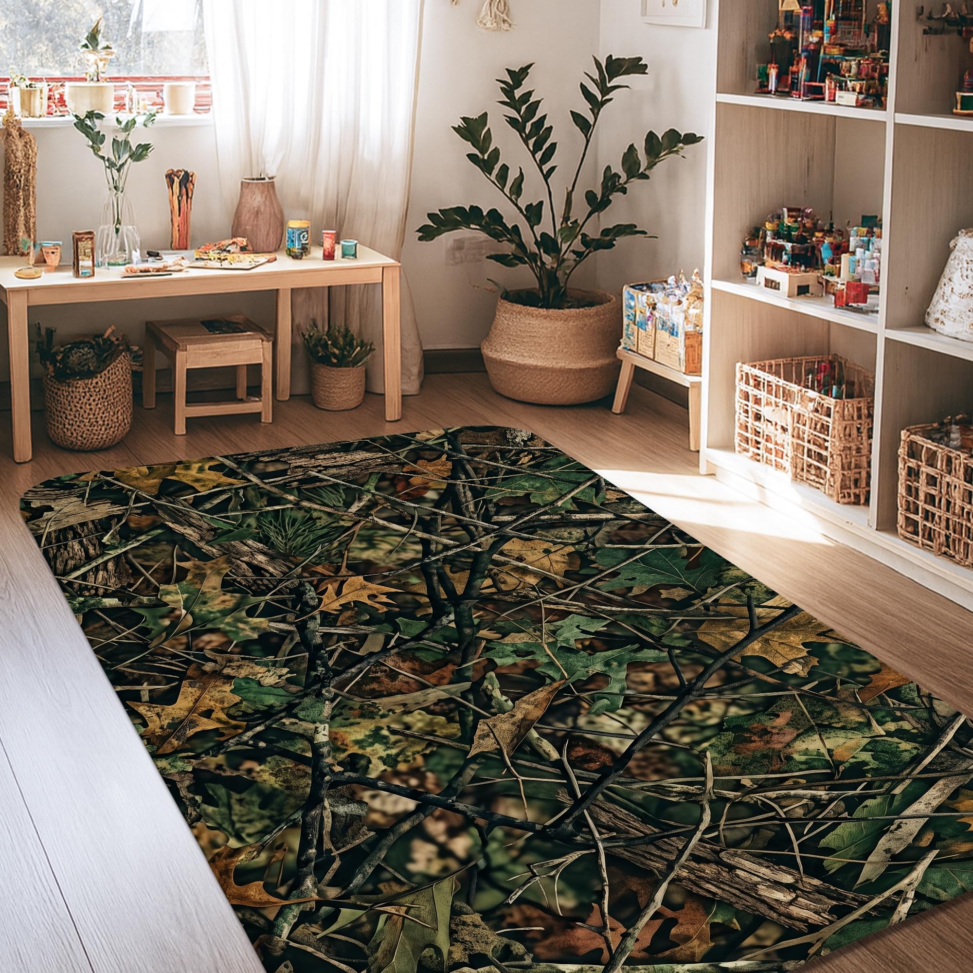 Alfombra rectangular de camuflaje y ramas para dormitorio y escritorio