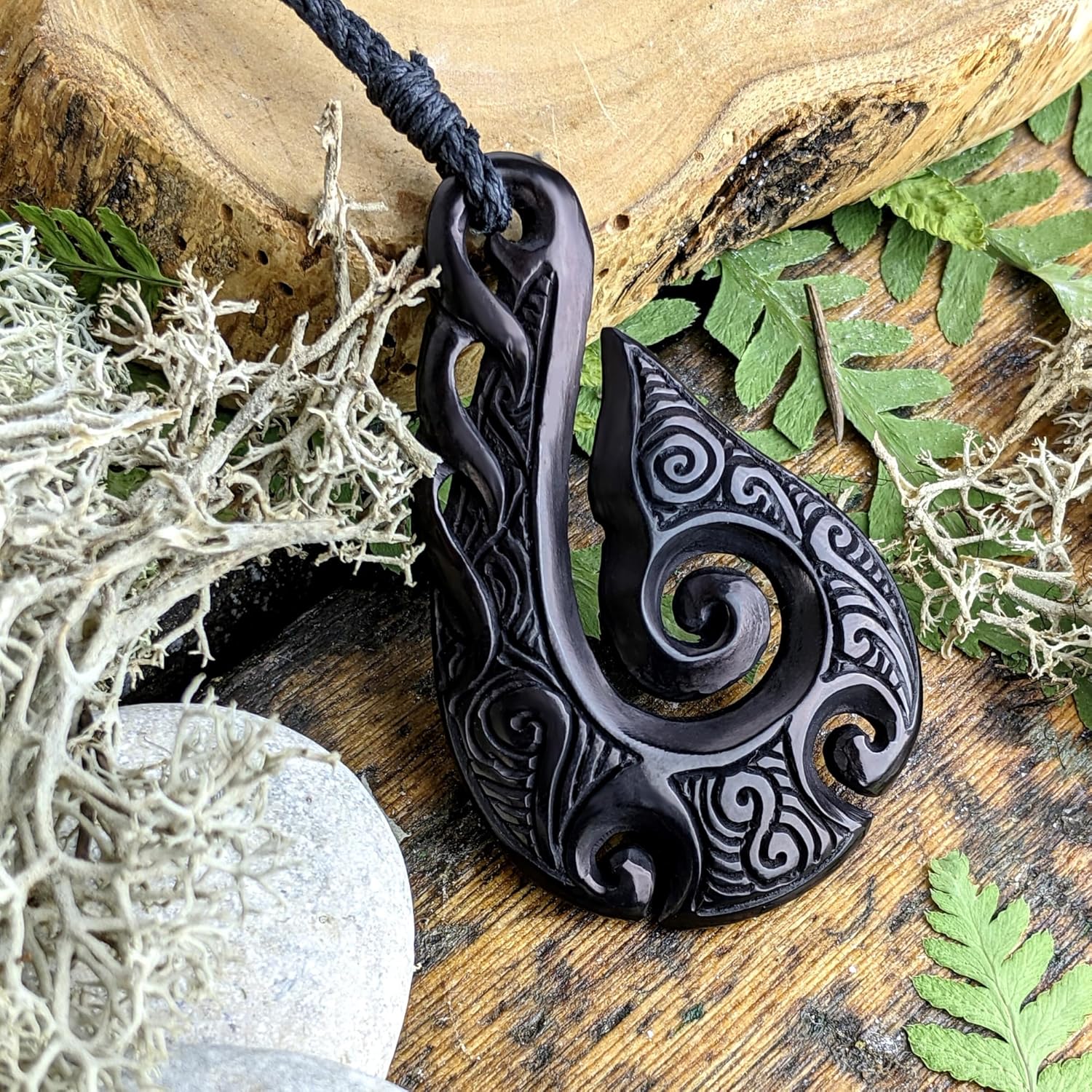 81stgeneration Hand-Carved Horn Large Engraved HEI Matau Pendant - Men's Surfer Accessory - Handmade Maori Fish Hook Necklace - Tribal Ocean Wave Amulet - Natural Koru Spiral Jewelry for Women - Image 2