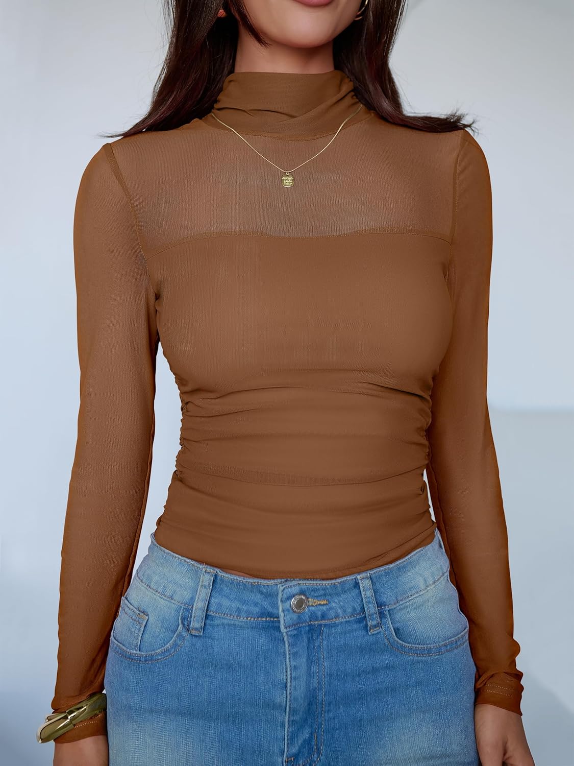 ANRABESS Womens Sexy Mesh Long Sleeve Shirts Trendy Mock Neck Sheer Ruched Going Out Tops Fall Slim Fit Blouses 2025 - Image 2